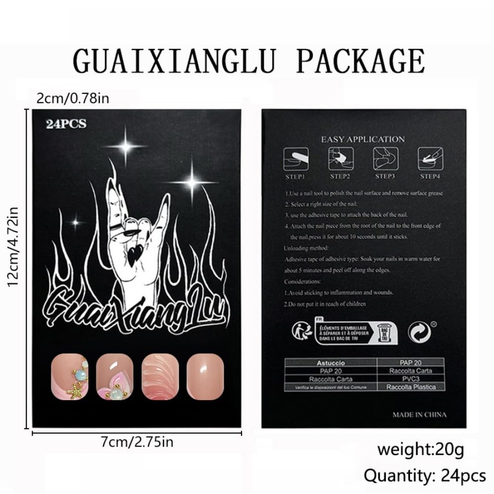 Almond Press on Nails Long Glue on Nail with 5D Rhinestones Flower Design Glossy Waterdrop Shell Acrylic Nails Reusable Ombre French Tips Fake Nails Stiletto Gold Star Nail for Women Manicure 24Pcs