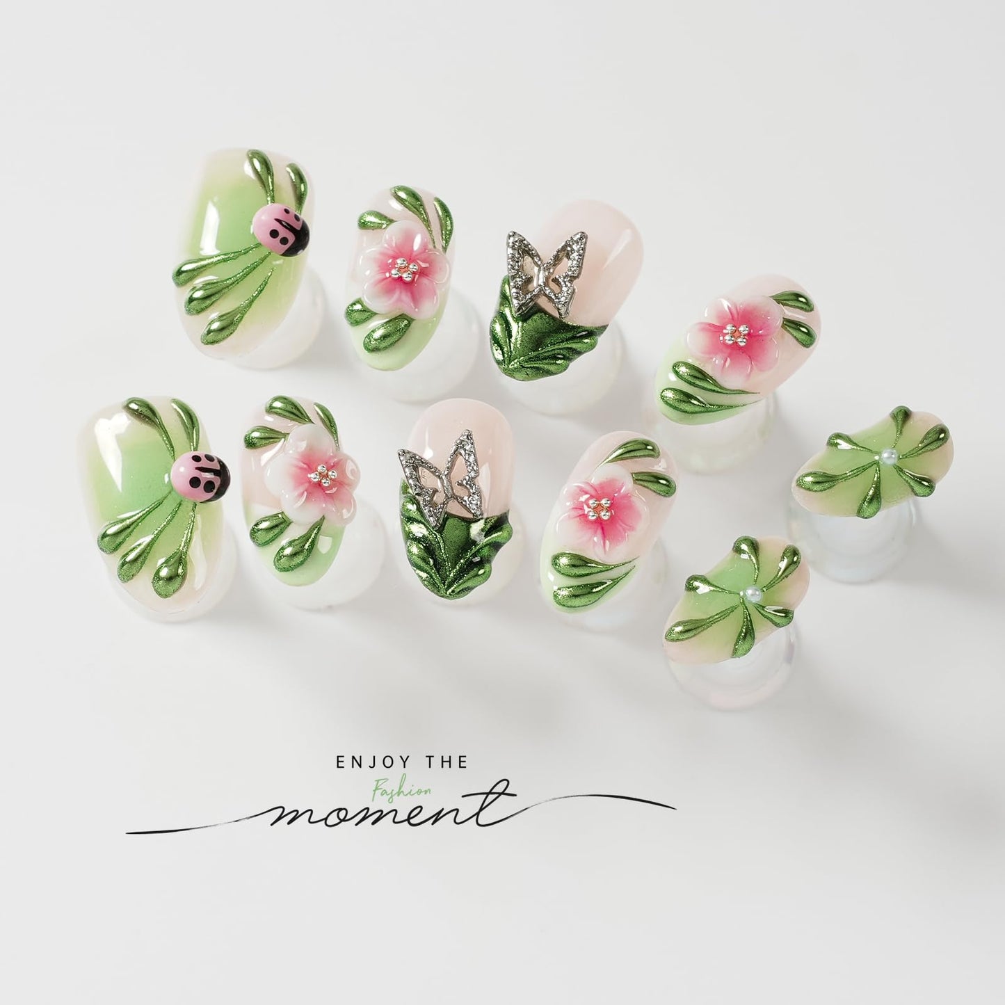 Tesytto Spring Press On Nails Short Almond Handmade 3D Flower Metallic Butterflies Fake Nails, Green Chrome Ladybug Design French False Nails for Party Daily Wear (Spring Green Pastel Garden,S)
