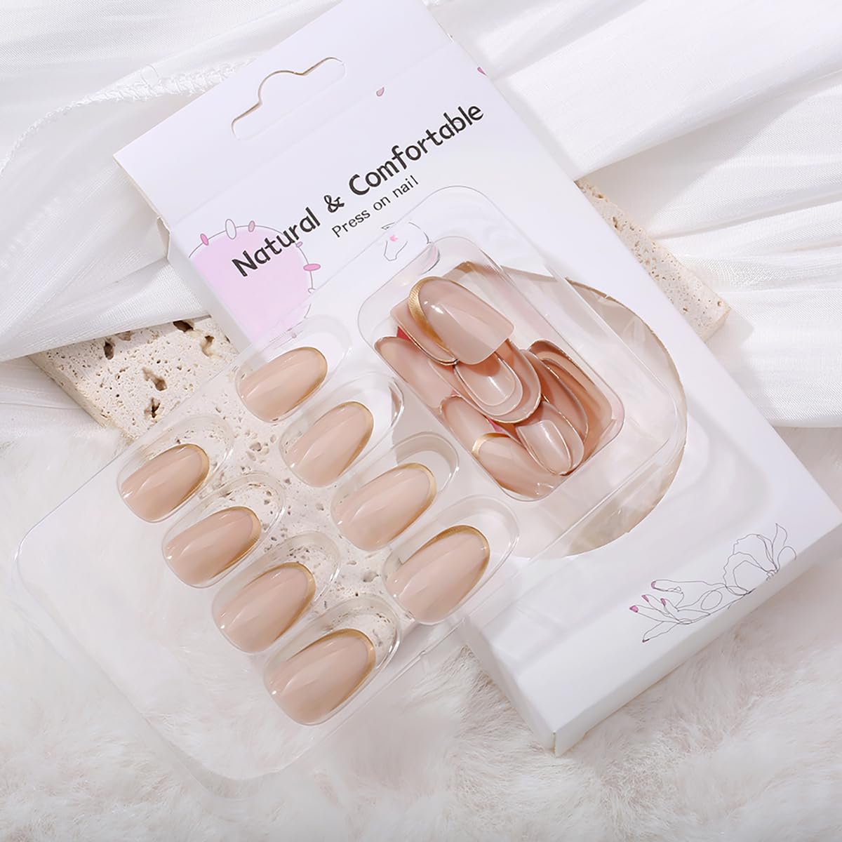 KTAABTR Gold French Tip Press on Nails Nude Fake Nails with Glue Short Almond Shaped Acrylic Nails Stick on Nails for Women Girls DIY Manicure 24Pcs Glossy False Nails Decoration Set