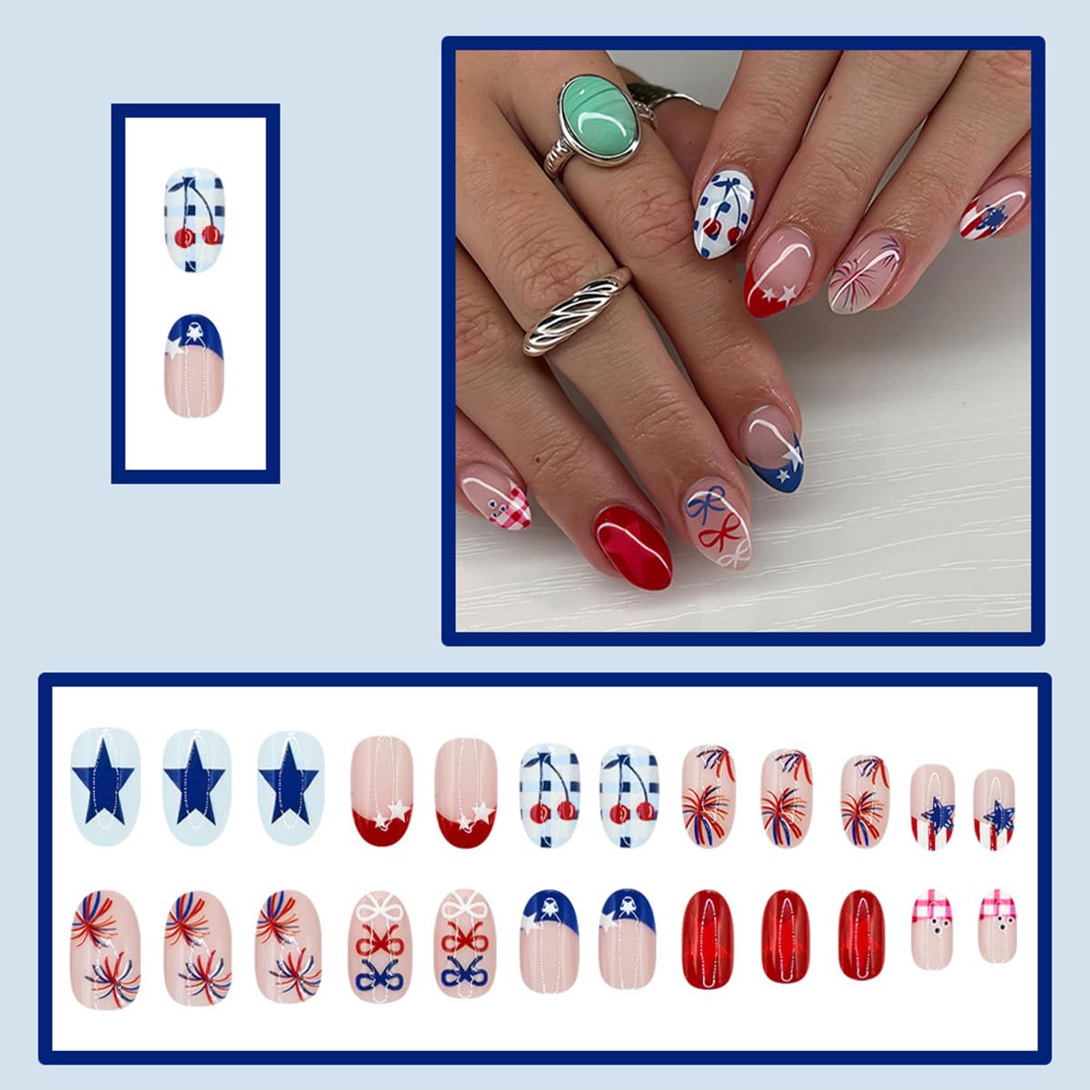 24 Pcs Independence Day Press on Nails Short Almond WLGDLH July 4th Fake Nails, French Tip False Nails with Star Bow Fireworks Design, Short Oval Glue on Nails for Women Manicure, Glossy Finish