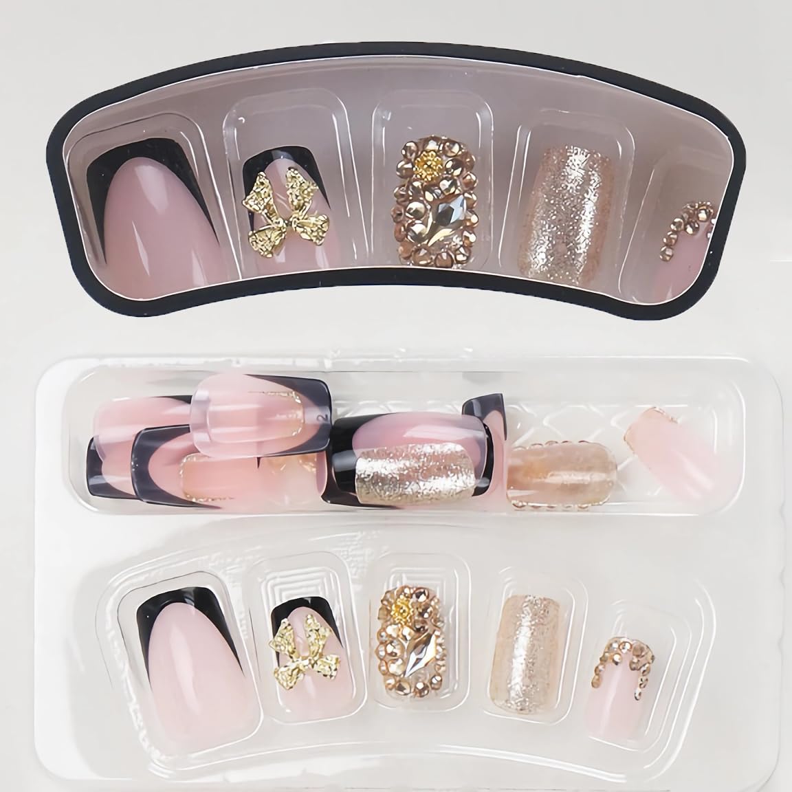 BABALAL Press on Nails Short Black Gold Fake Nails Square Glue on Nails French Tip Rhinestone Luxury Acrylic False Nails with Bow Charm Bling Gel Nails 24Pcs Handmade Squoval Nails for Women Girls