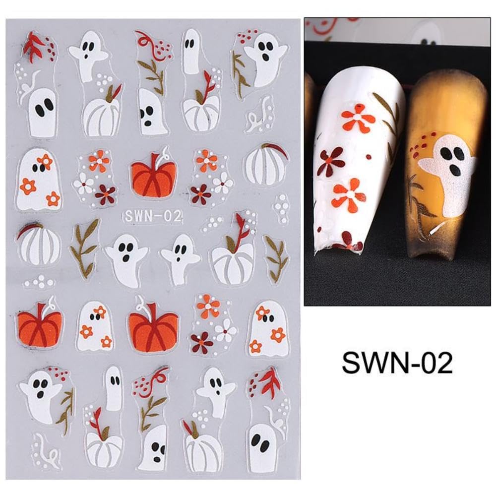 4 Sheets 5D Embossed Halloween Nail Stickers Cute Ghost Pumpkin Nail Art Stickers 3D Self-Adhesive Cat Nail Designs Flower Skeleton Holiday Spider Web Bandage Nails Supplies for Women Girls DIY