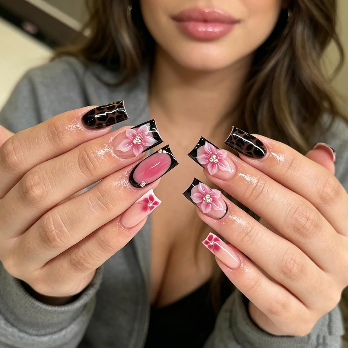 Long Square Press on Nails Black French Tip Fake Nails with Tortoise Shell & 3D Flower Pearls Design Nude False Nails Full Cover Glue on Nail for Women, Elegant Dark Floral Manicure Kit 24Pcs