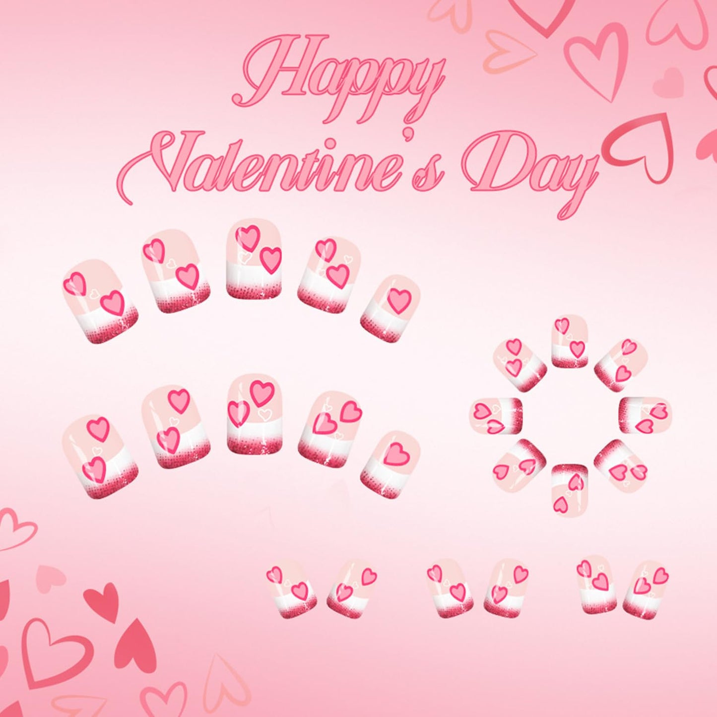 Valentines Press on Nails Short Square Artificial Acrylic Fingernails French Glitter Tip False Nails Pink Love Coffin Nail Full Cover Glossy Heart Stick on Nail for Women Festival Manicure 24Pcs