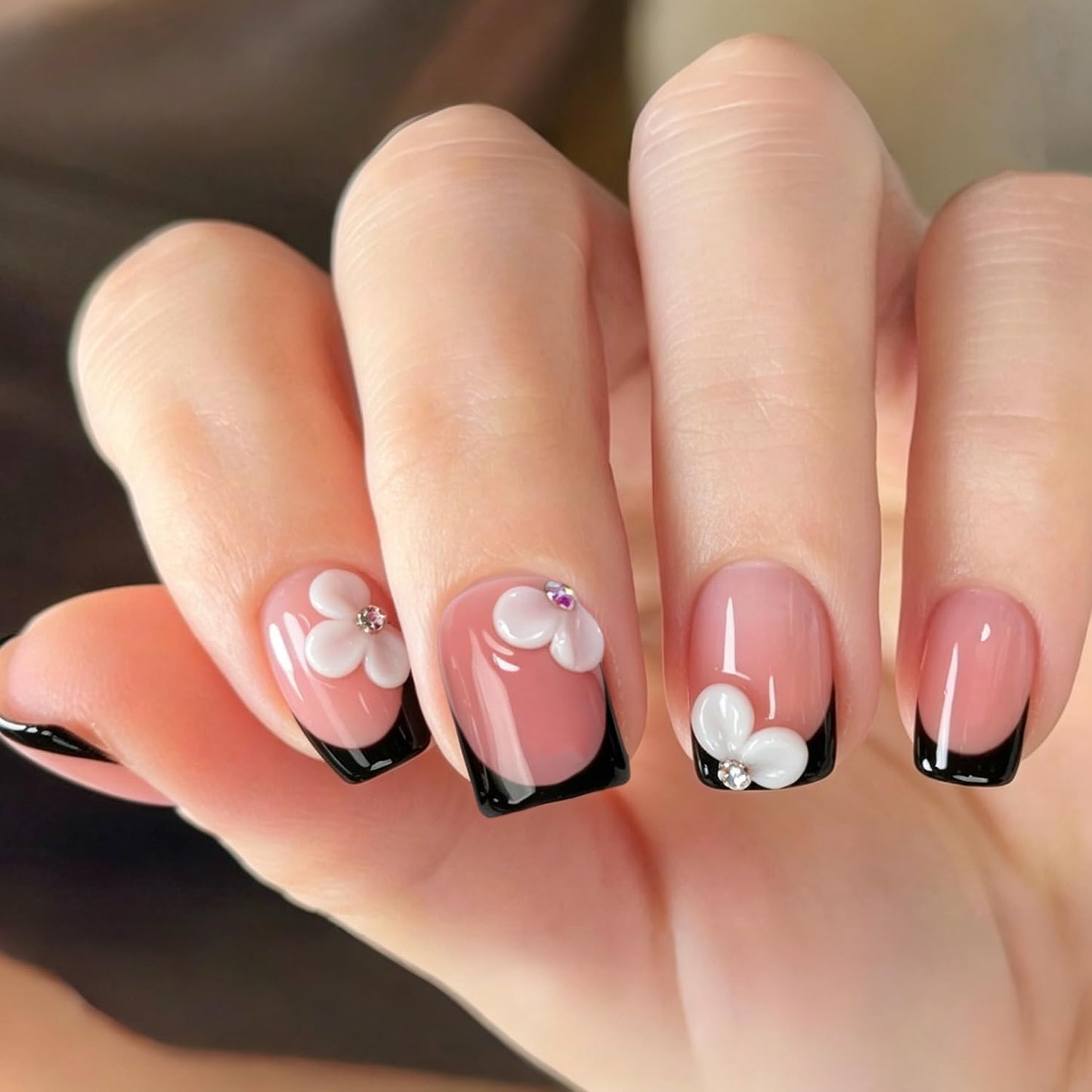 White Flower Press on Nails Handmade Black French Tip Fake Nails with Designs 3D Floral & Rhinestone Accents Short Square Handmade Salon Quality Thick Acrylic Nail Stick on Nails for Women (M）