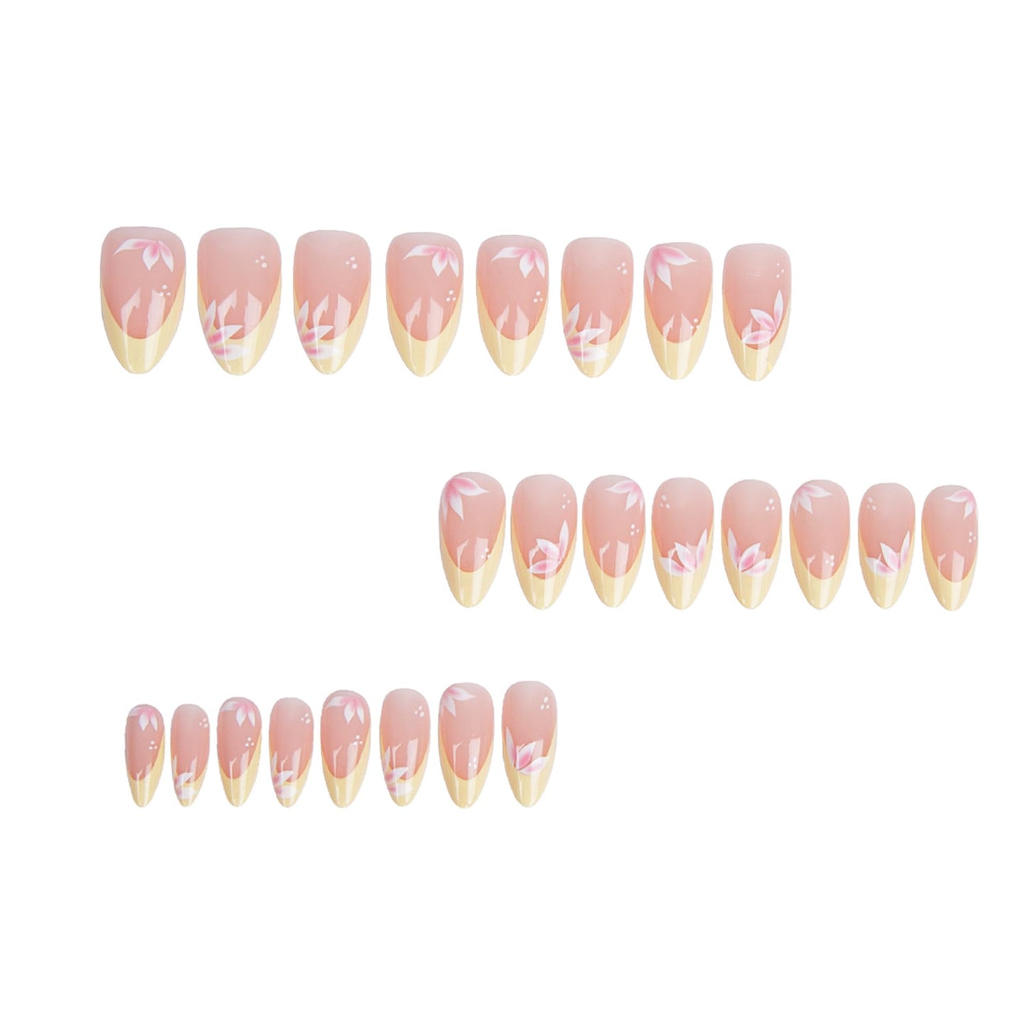 24Pcs Pastel Yellow French Tip Press On Nails Medium Almond Fake Nails with Pink Tulip Flower & White Dot, Nude Pink Base Glossy False Nails, Spring Floral Acrylic Nail Full Cover Press ons for Women