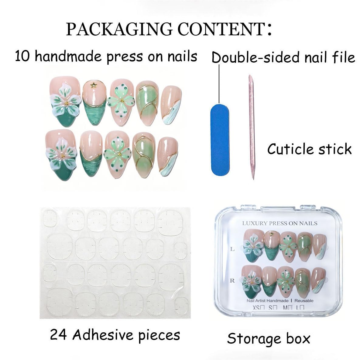 10Pcs Medium Almond Handmade Press On Nails | Easy Apply & Remove, Reusable Salon Quality Nails | Fresh Nude & Green Fake Nails with 3D Floral, Gold Star & Line Accents (5U09, S)