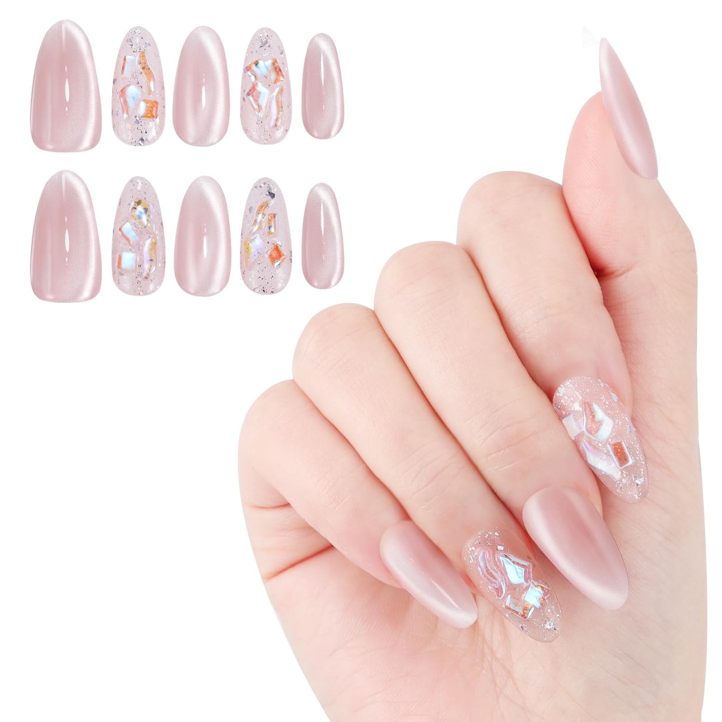 Yacey Handmade Press on Nails Short Almond, Reusable Soft Muti-Gel False Nails Press Ons, Pink Cat Eye Thick Acrylic Fake Nails, 3D Artificial Bling Glossy Glue on Nails for Women Girls (10 Pcs, M)
