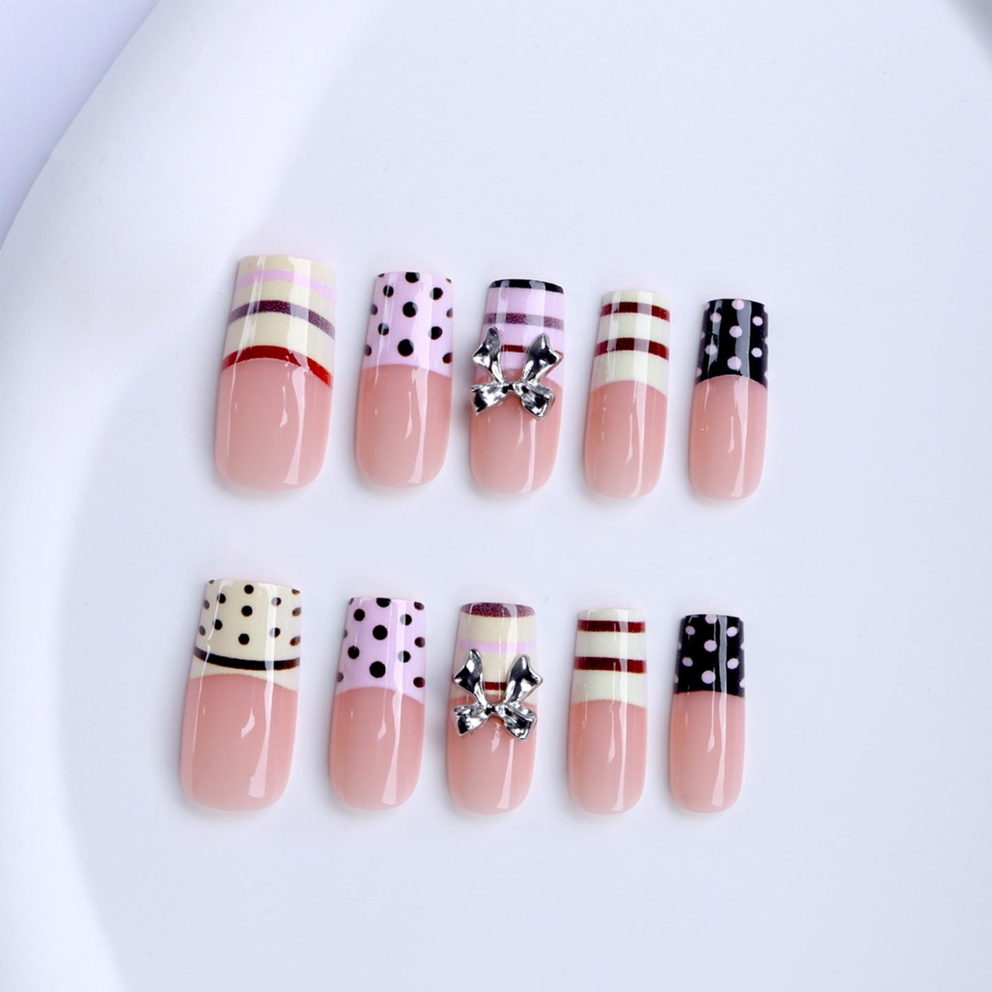 octoswave 3D Bow Press on Nails with Stripes and Polka Dots, Medium Square Acrylic Glue on Nails for Wedding Party Dating, 24Pcs