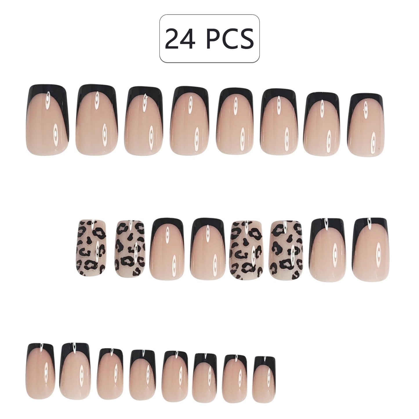 Black Leopard Print Press on Nails Medium Square Fake Nails Black French False Nails with Cheetah Print Design Stick on Nails for Women Girls Manicure Decoration 24 Pcs