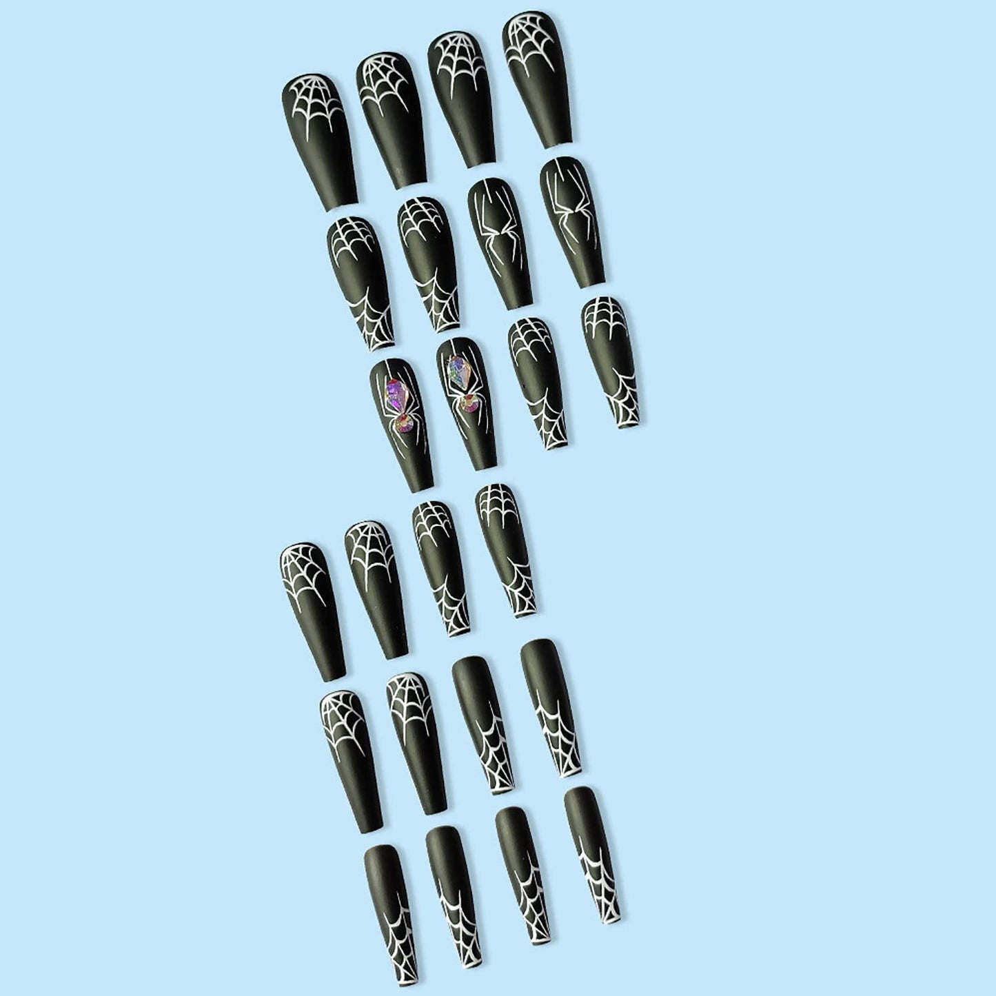 Halloween Press on Nails Long Coffin White Spider Web Fake Nails with Rhinestones Stick on Nail Black Full Cover Acrylic Nails False Nails for Women Girls 24Pcs
