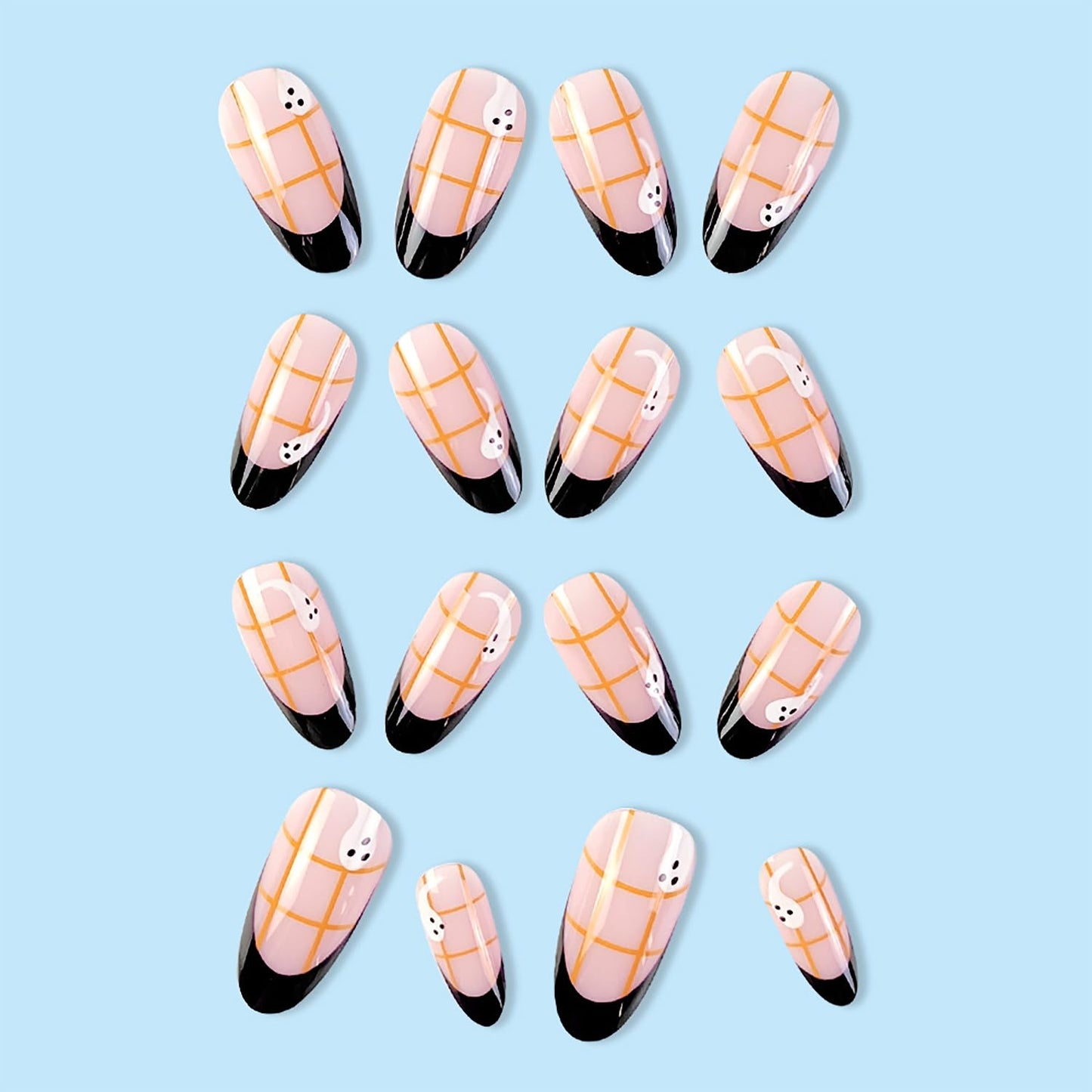 24 Pcs Halloween Press on Nails Almond Medium Fake Nails French Tip Halloween False Nails with Cute Ghost Grid Design Artificial Nails Press ons Full Cover Holiday Stick on Nail for Women Girls