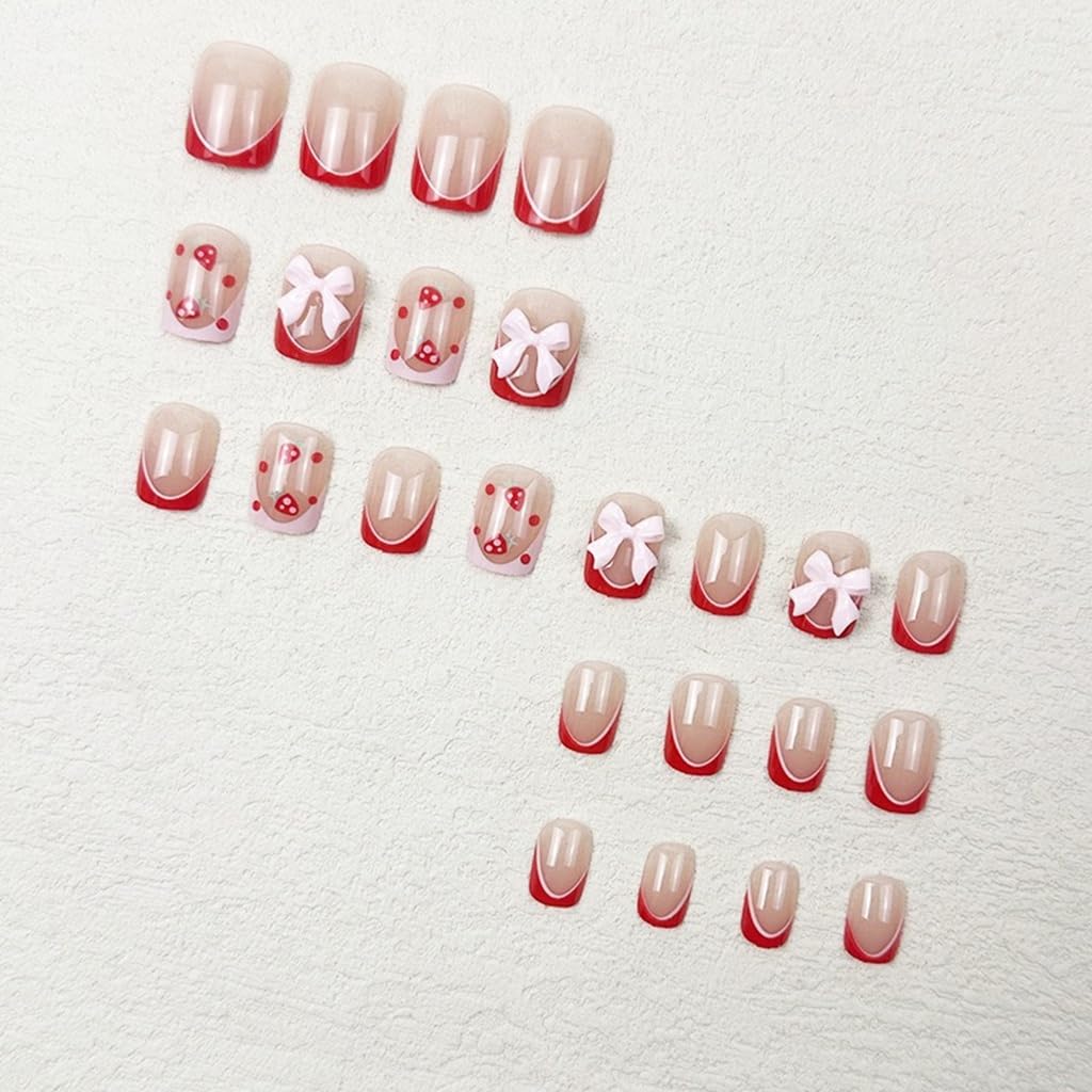 CTTHNBD Press on Nails Short - Square Fake Nails with Strawberry Design - Red French Tip False Nails Press ons - for Women 24 Pcs