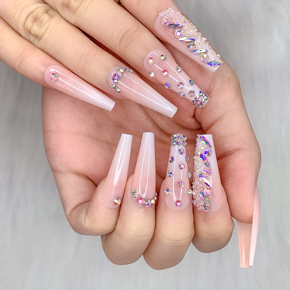 Artquee 2 Sets of Z04 Z19 48pcs French Tip Press on Nails Long Glossy Coffin Fake Nails Nude White Ombre Art with Rhinestones Luxury design False nails Acrylic Stick on False Nails Tips for Women