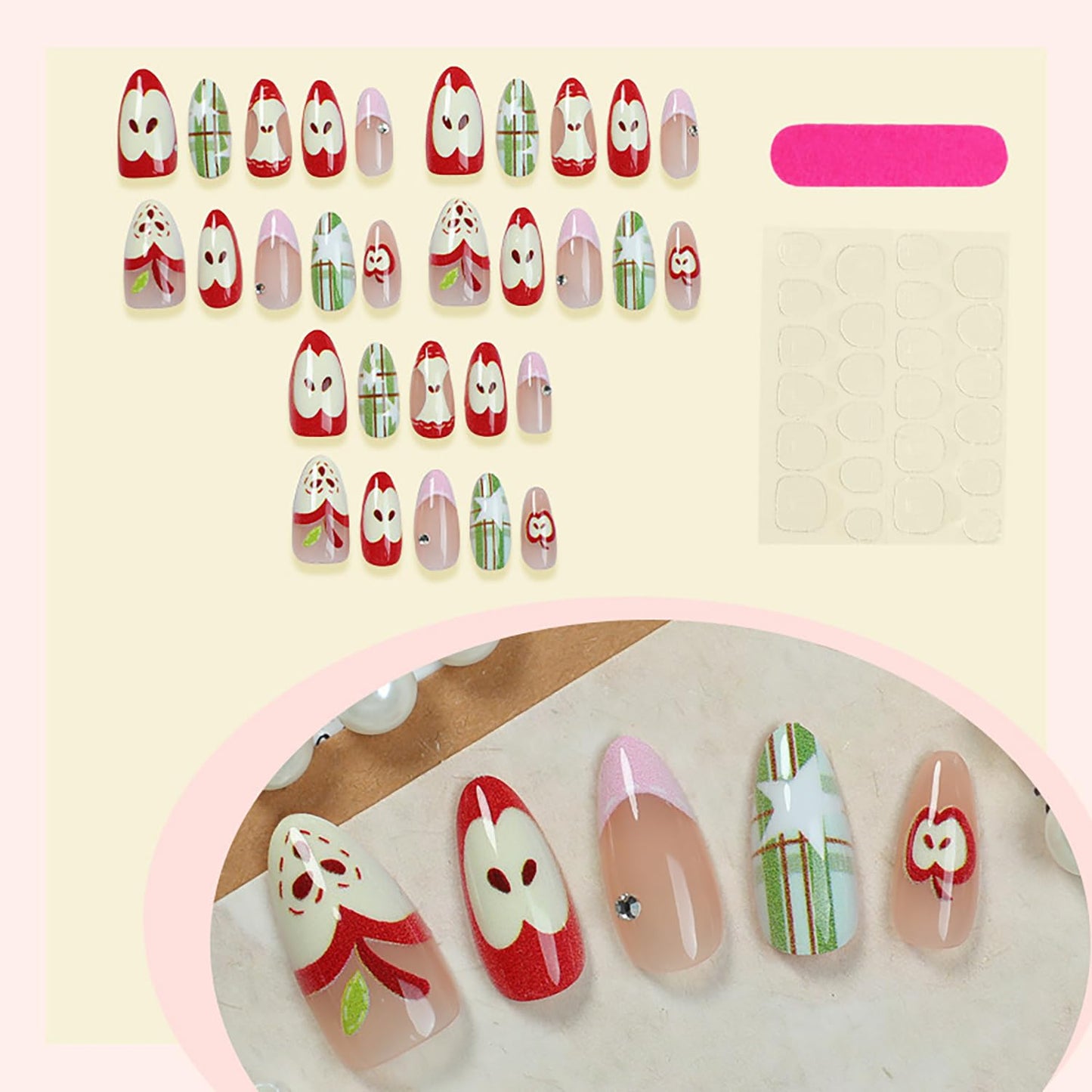 30pcs Almond Press on Nails Medium Fake Nails Pink French Tip Glue on Nails with 3d Rhinestones Designs Cute Apple Full Cover False Nails Green Plaid Star Artificial Stick on Nail Decoration for Women