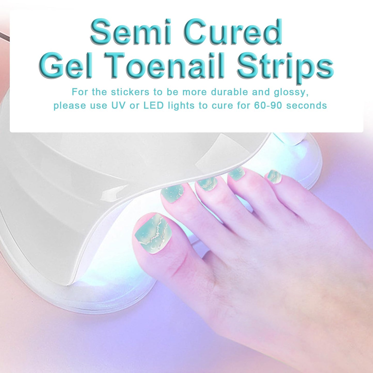 XEAOHESY 26pcs Semi Cured Gel Toe Nail Strips, Pedicure Nail Strips, Toe Nail Stickers, Needs to Be Cured, Come With Nail File, Wood Cuticle Stick, Plastic Press Stick（Cyan+Moon Star）