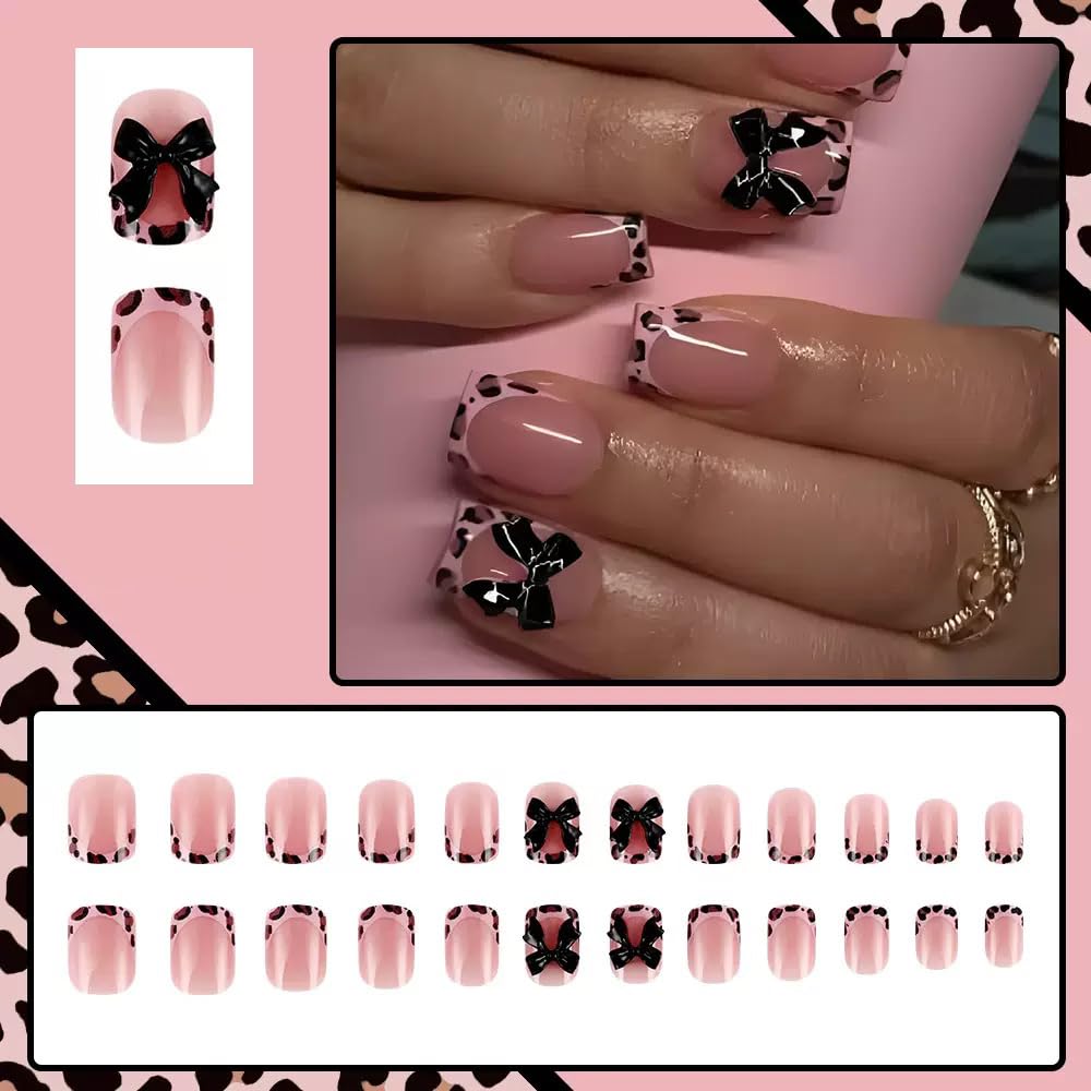 CTTHNBD Short Press on Nails Square - French Tip Fake Nails with Black Bow Design - Leopard Print False Nails for Women 24 Pcs