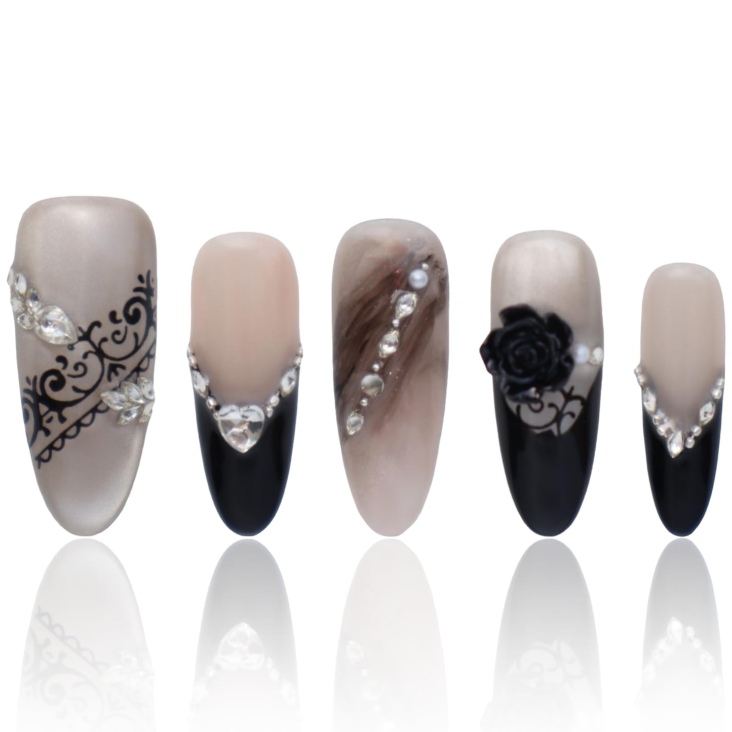 Handmade Press On Nails Medium Almond Press On Nails Women Gifts Black Acrylic Nails French Press On Nails with Fake Nails, 15 PCS, Size M