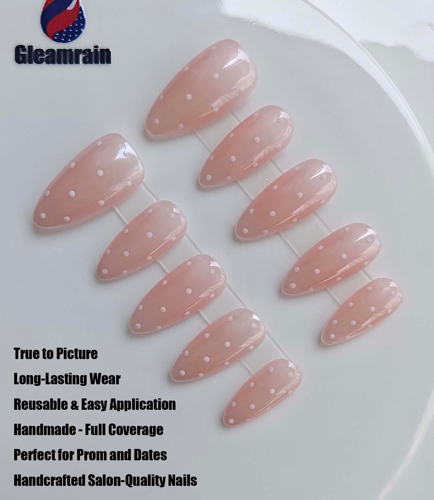 Gleamrain 10pcs Almond Handmade Press-on Nails, Medium French Tip (M Size) - With Flower and Polka Dots Design, Pink,Suitable for Women Girls for Daily, Parties, Holidays and Proms,D210