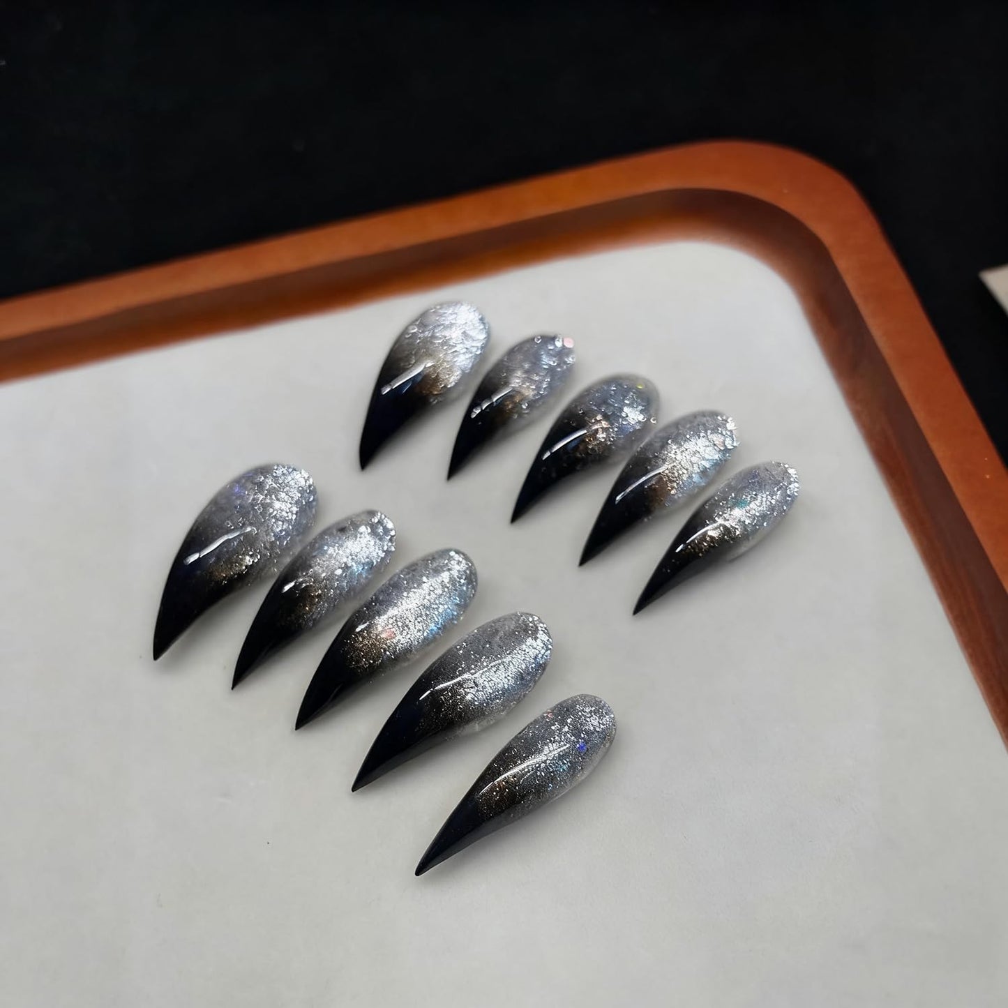 Handmade Press on Nails Silver Glitter Eagle Claw Fake Nails Designs Black French Tip False Nail Full Cover Long Curved Stiletto Stick on Nail Muti-Layer Gel Acrylic Nails for Women (Size M)