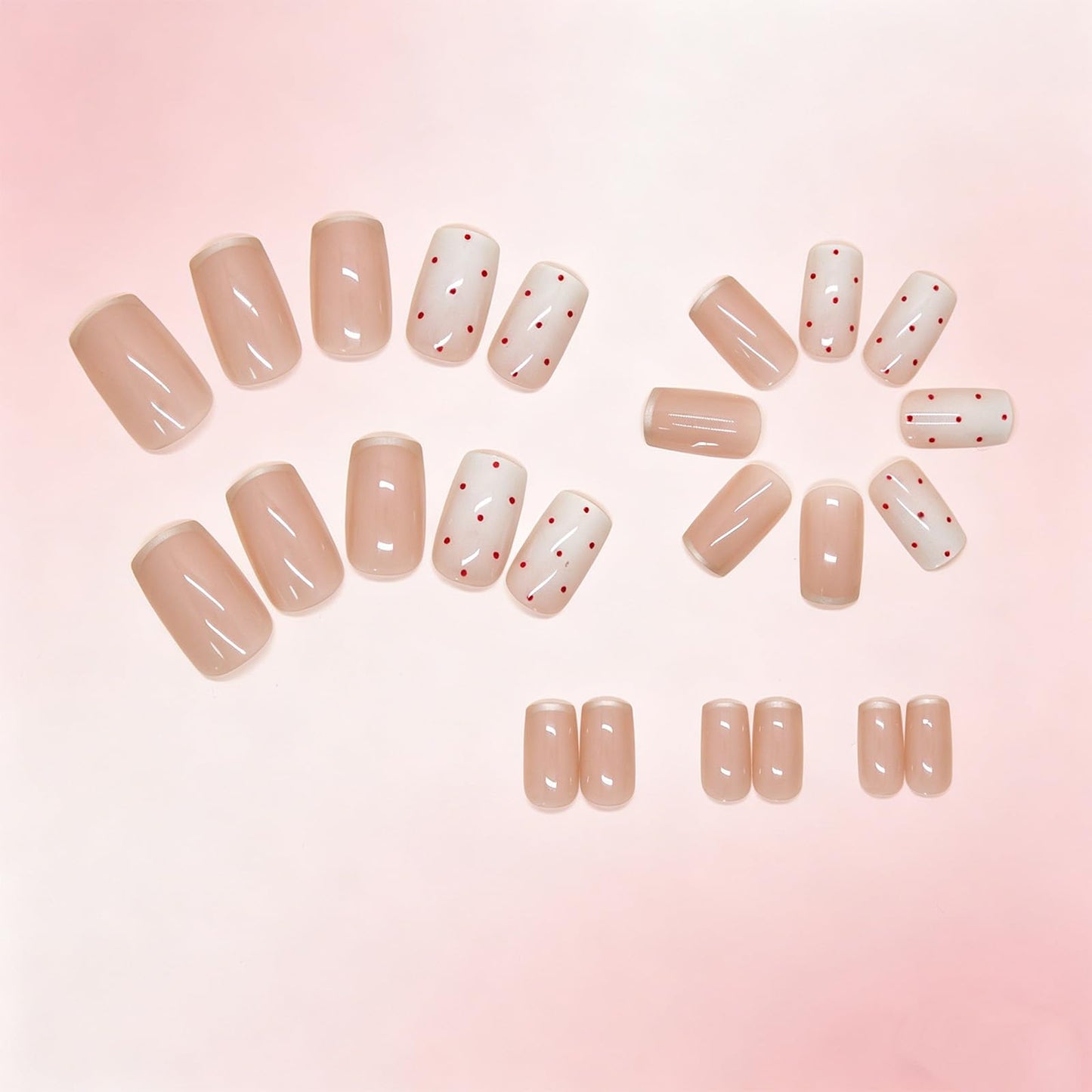 Nude Beige Gradient Press on Nails with Red Dot Accents, Medium Square False Nails, Polka Dots Stick on Fake Nail Reusable Glue on Artificial Nail for Women Minimalist Daily Wear