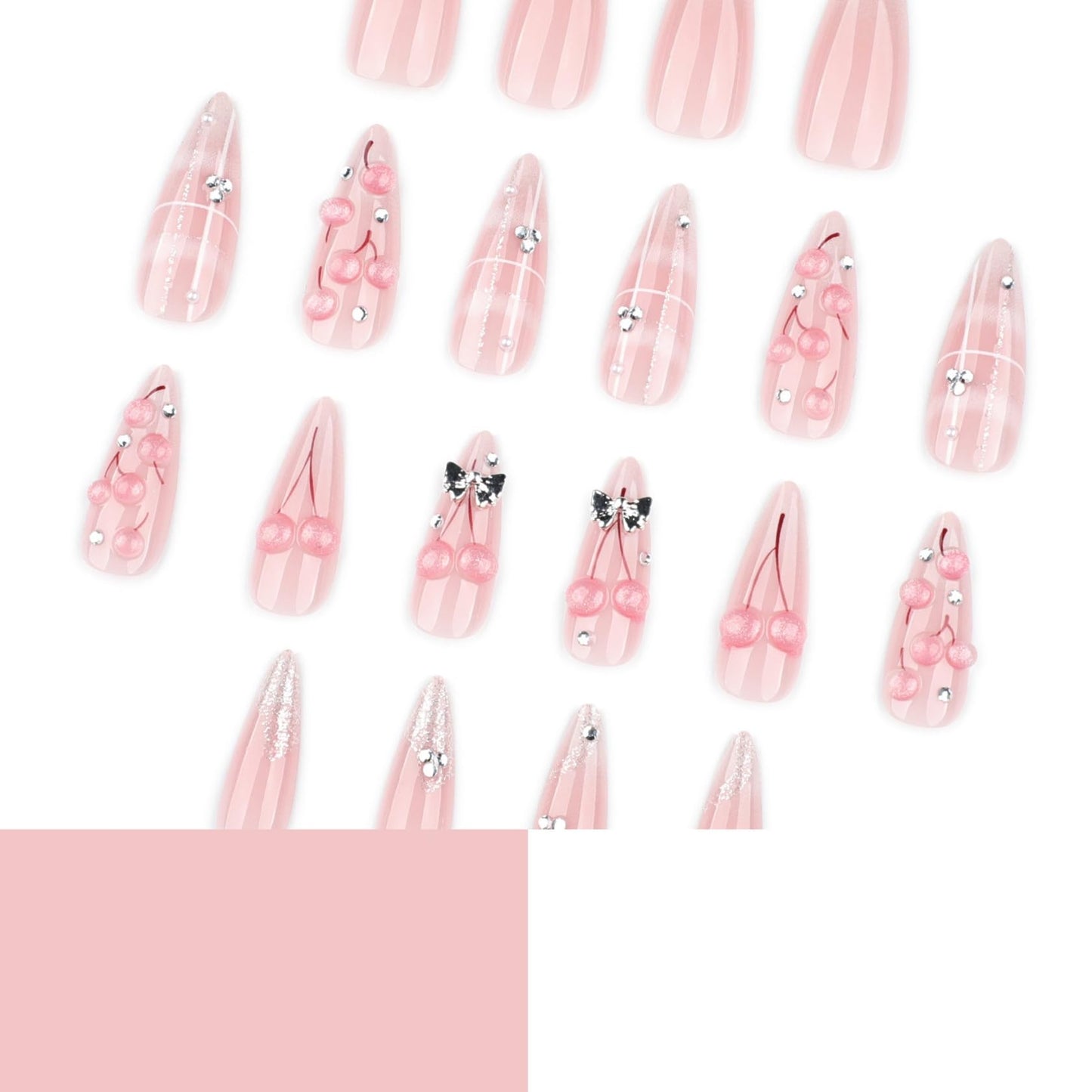 Medium Almond Press on Nails for Women,Cherry Blossom & Silver Bow,Fake Nails Artificial Stick on Nails