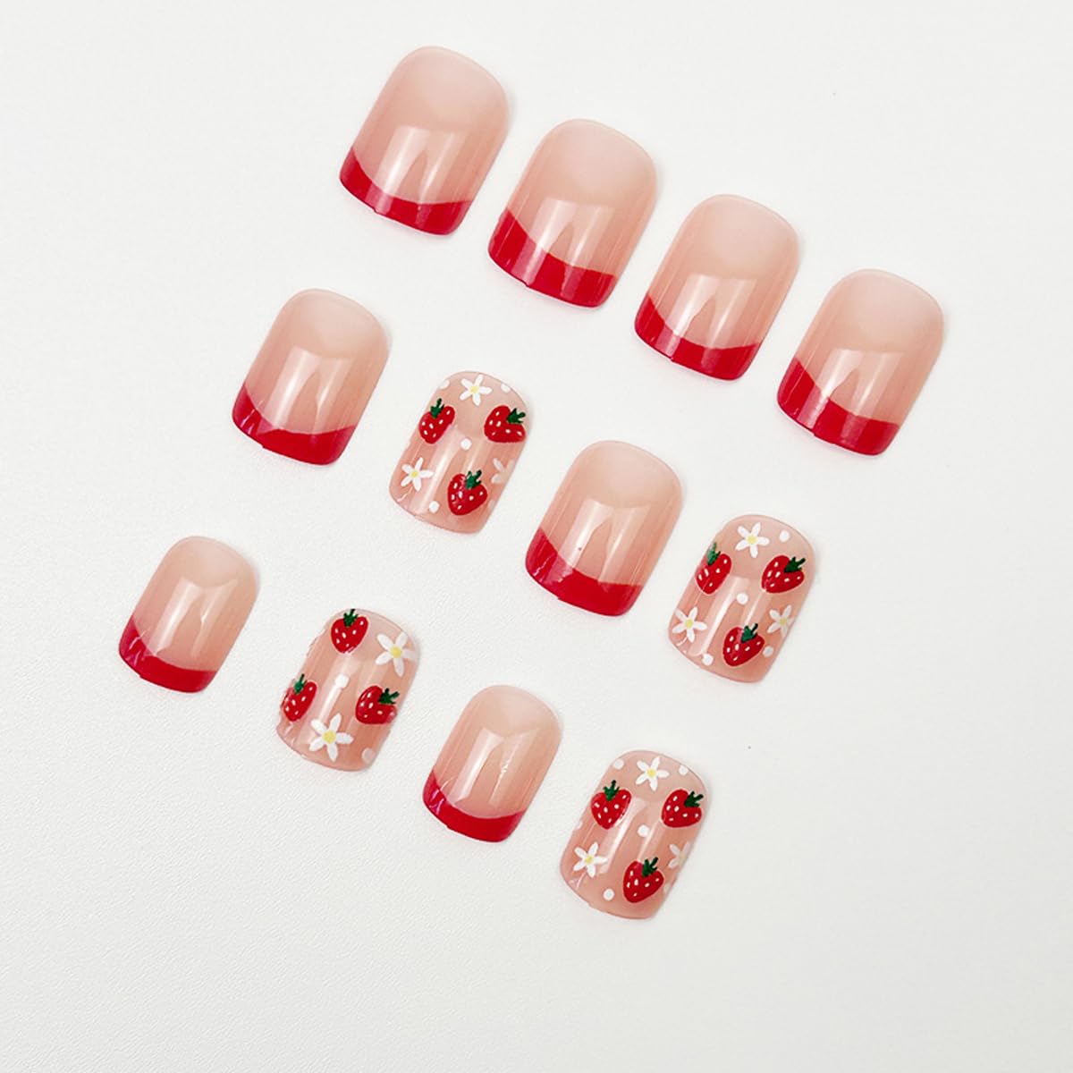 Short Square Press on Nails Red French Tip Fake Nails with Strawberry & Floral Design Nude Pink Glossy False Nails Reusable Full Cover Glue on Nails for Women Manicure Kit 24Pcs