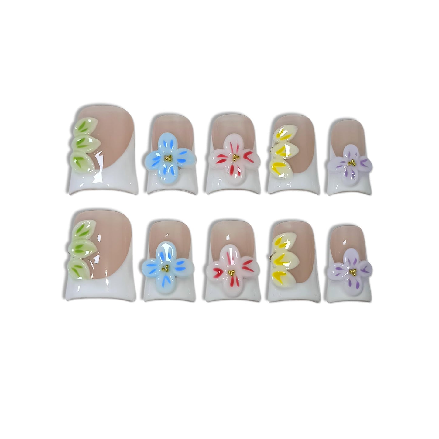 TENPAL Handmade Duckbill Press on Nails Kits with Tools- White French Tips Fake Nails with 3D Embossed Florals, Glossy Acrylic Soft Gel Removable False Nails for Women Daily Wear(S)