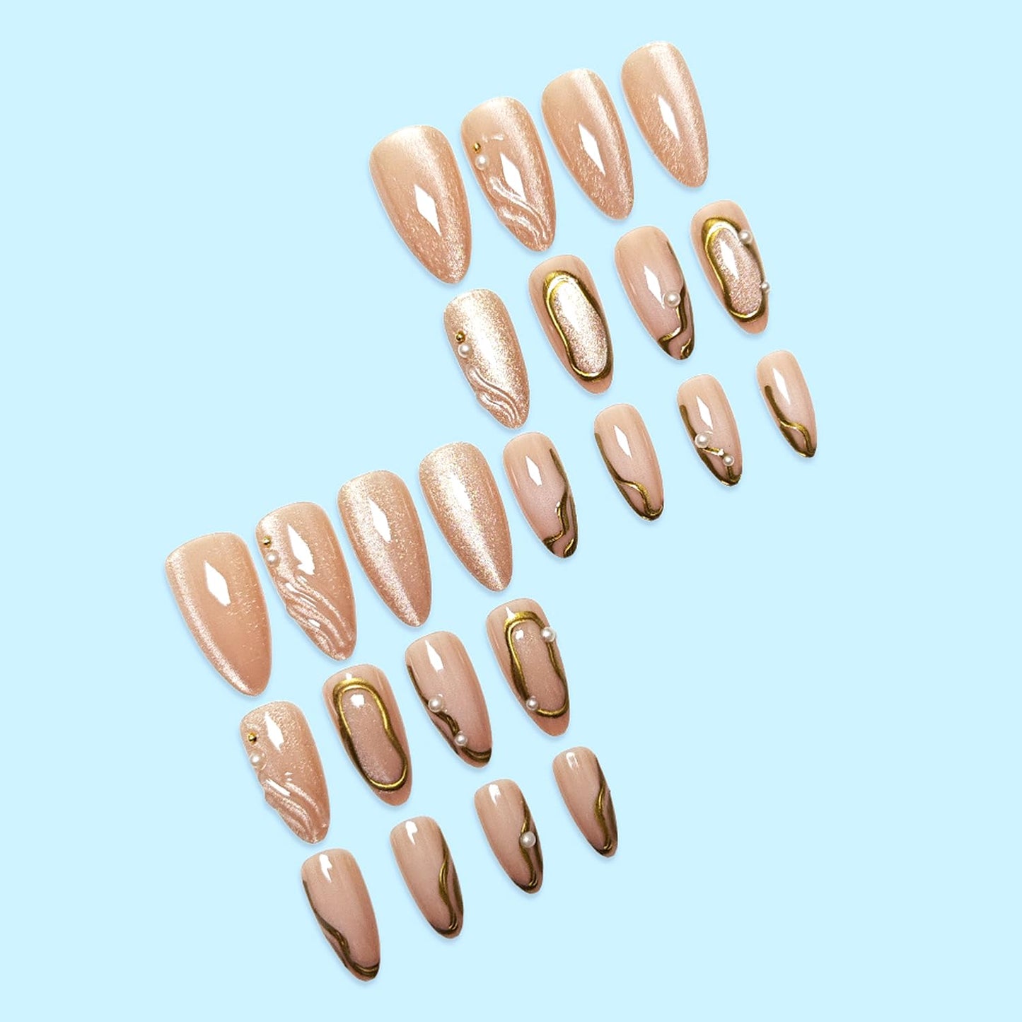 Chrome Gold Press on Nails Medium Almond Fake Nails Gilded False Nails 3D Gold Beads Pearls Press on Acrylic Nails Water Ripples Stick on Nail Shiny Glitter Full Cover Glue on Nail for Women 24Pcs