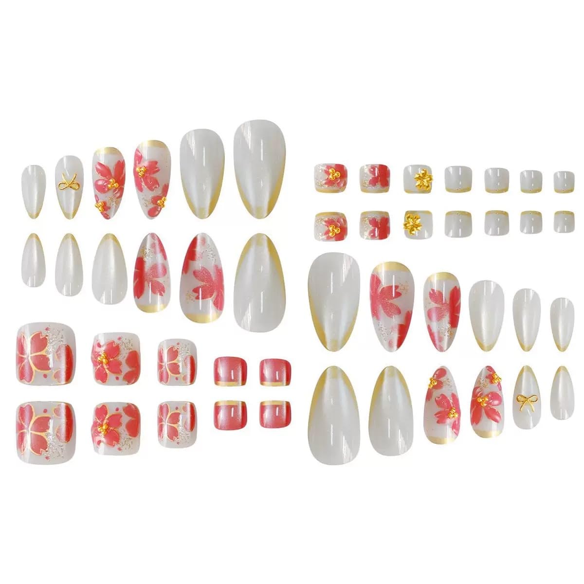 48Pcs Almond Press on Nails & Press on Toenails Set, Medium Press on Nails, Gold French Tip Press on Toenails with Flower Bow Design Fake Nails for Women Manicure Kit