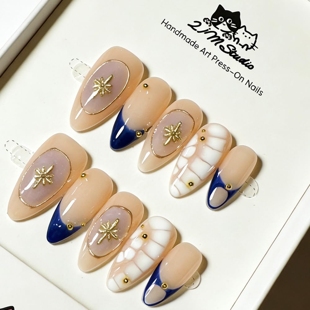 2IM Studio Handmade Press On Nails, Elegant Nude 3D Floral French Tip with Pearl Rhinestones, Almond Medium Length Full Cover Thick Reusable Acrylic Nail Kit for Women 10PCS (Midnight Muse-S)