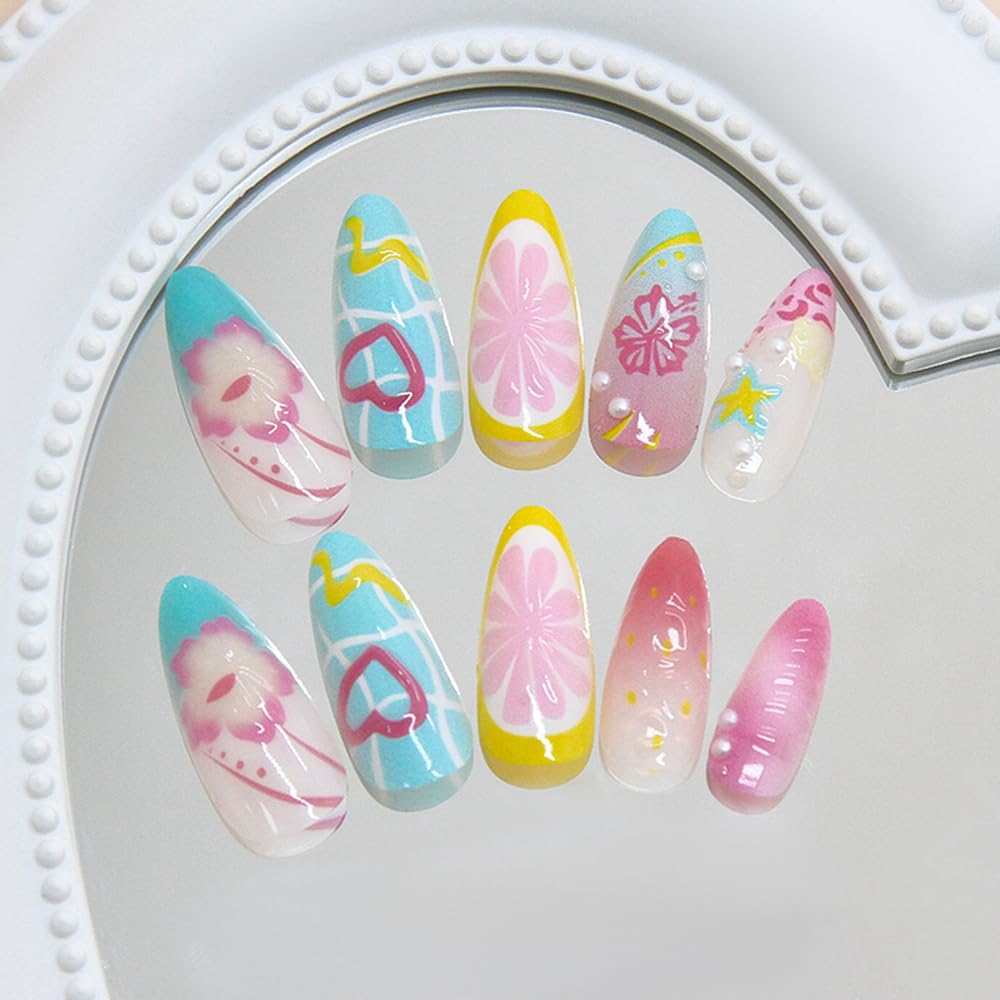 24 Pcs Summer Press on Nails Short Almond,MINGCHUN Ombre French Fake Nails Press ons Acrylic Nail Art Tips Kit Full Cover False Nails Glue on Nails with Flowers Pearl Design for Women Nail Supplies