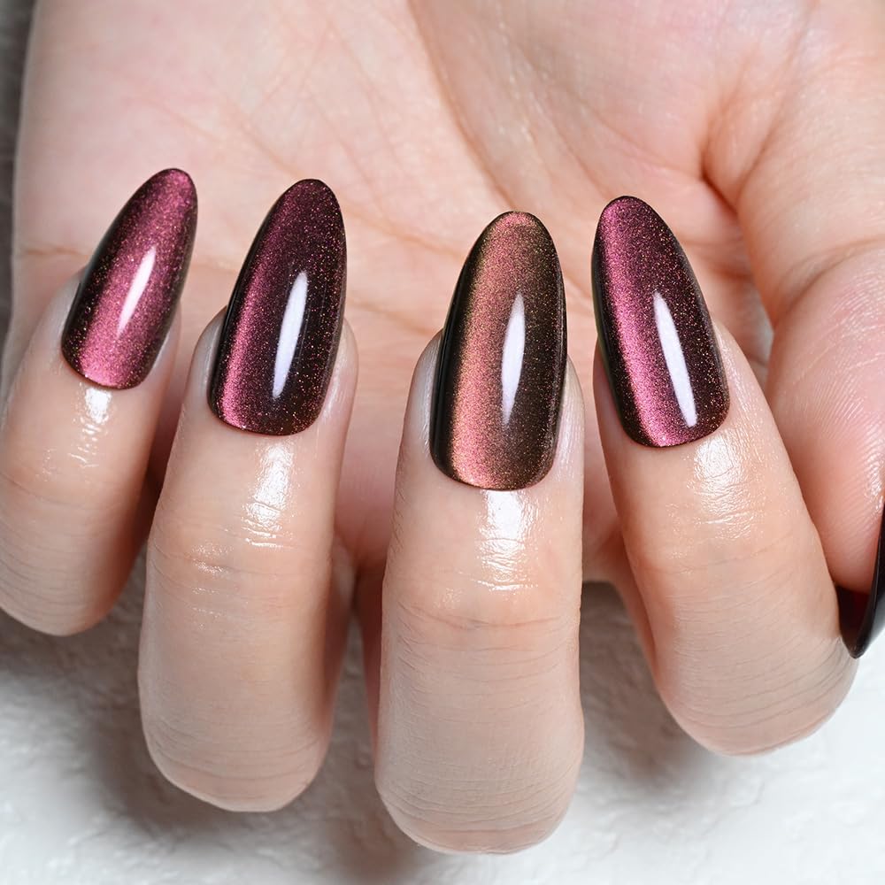 XZMeiLun Cat Eye Purple Red Press On Nails Almond Medium, Magnetic Acrylic Fake Nails Stylish Design, Salon-Quality Shiny Finish, Reusable Stick On Nails Kit for Women, Daily Wear (No Glue Included)