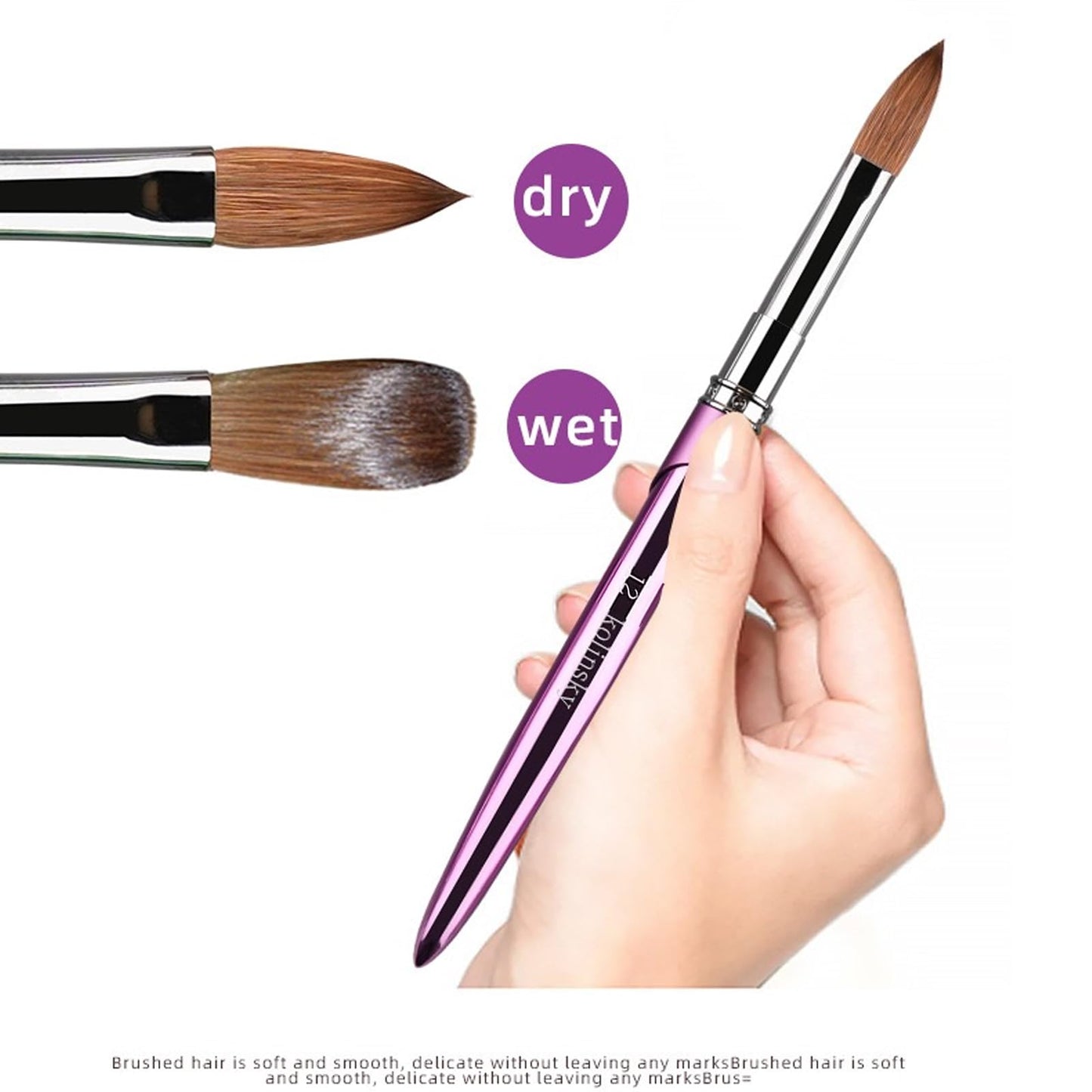 100% Pure Kolinsky Acrylic Nail Brush Size 12, Hair Acrylic Crystal Chrome Purple with Silver Ferrule Round Shaped for Women Girls Manicure Tools Accessories