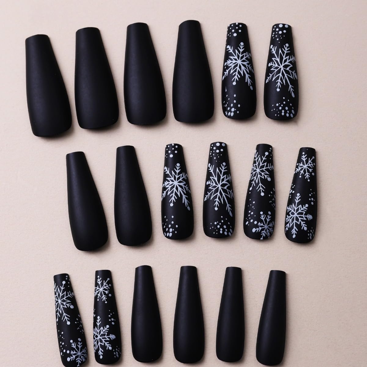 Christmas Press on Nails Long - Coffin Fake Nails with Snowflake Stripes Design - Black Full Cover Stick on False Nails -for Women 24 Pcs