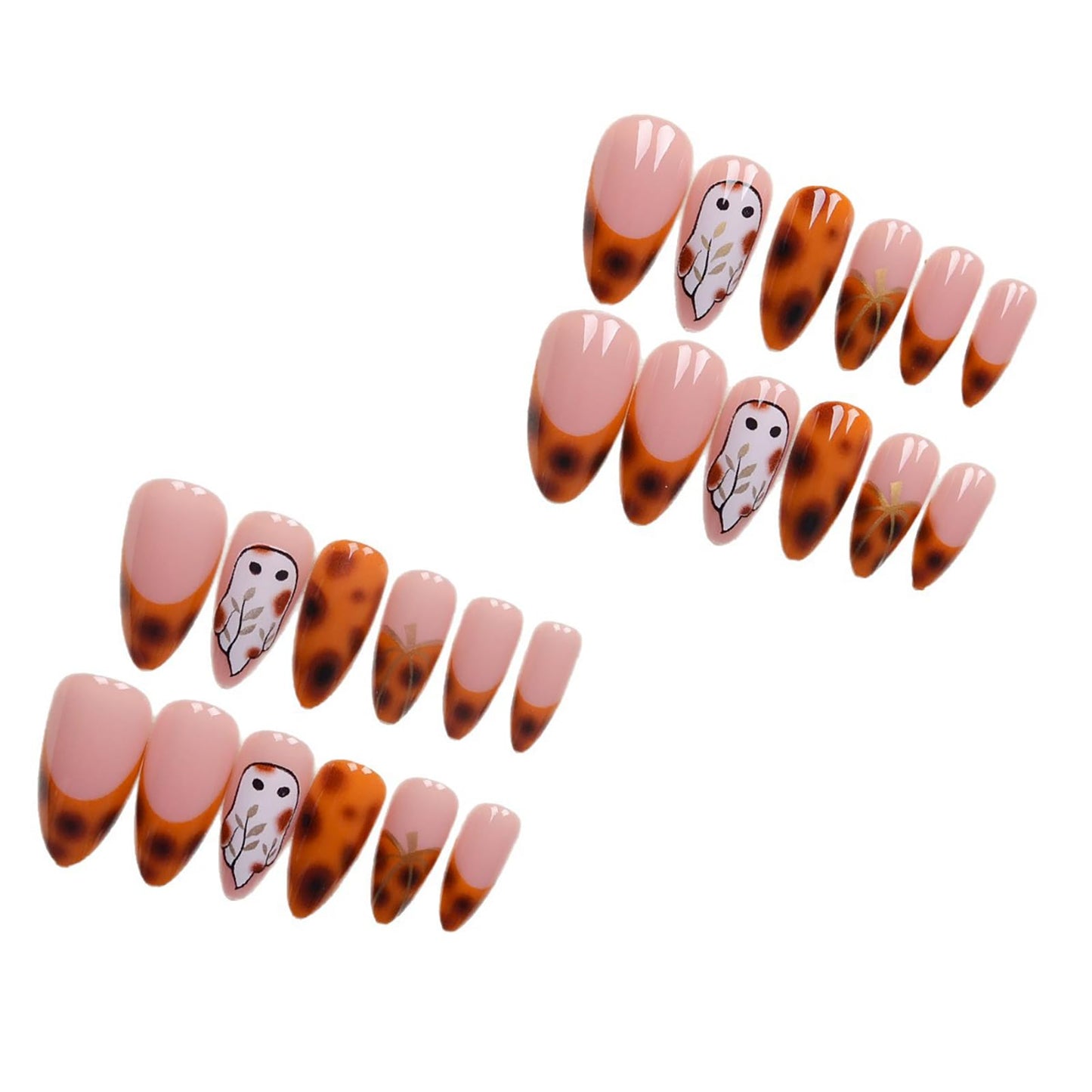 24Pcs Cute French Tip Press on Nails Short Almond Fake Nails Fall Halloween False Nails with Leopard Pumpkin Design Glossy Full Cover Halloween Ghost Nails Autumn Reusable Stick on Nail for Women