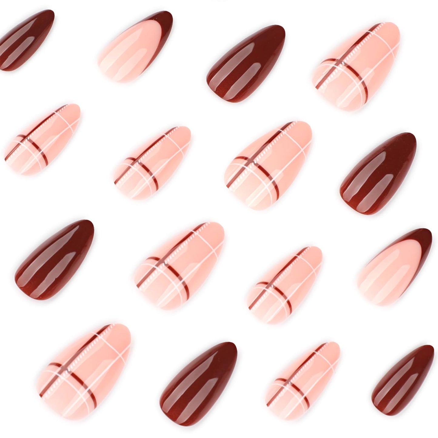 Mivota Almond Press On Nails Long Soft Gel Brown Plaid Fake Nails for Women, 24PCS Reusable Glossy Nude Brown False Nails with Glue, Trendy Checkered Design Stick On Nail Tips for DIY Salon Manicure
