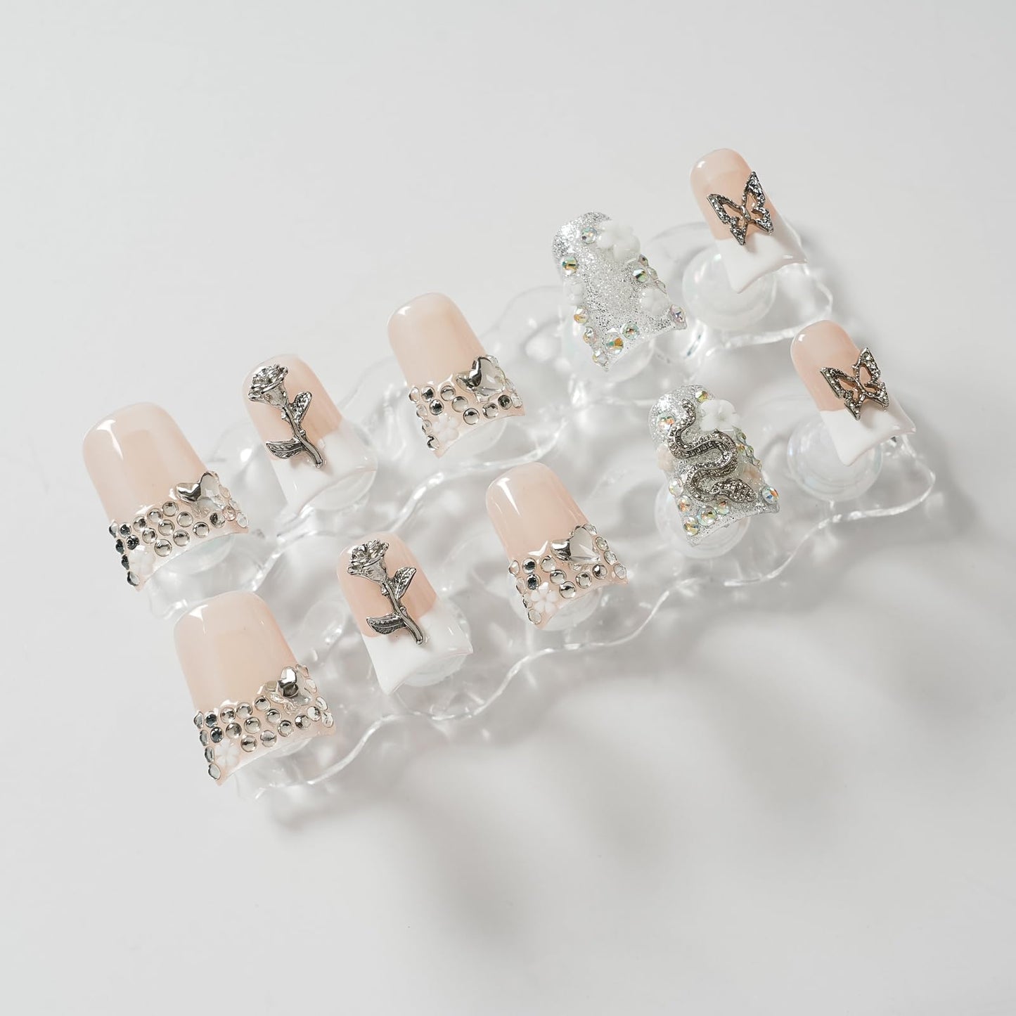 Tesytto Handmade Press on Nails Short Duck White French Tip Thick Acrylic Fake Nails 3D Floral Metallic Rose Butterflies Luxury Rhinestone Design (Silver Ash Butterfly Sheen,L)