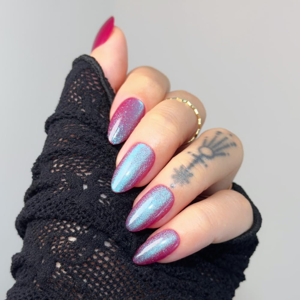 Short Almond Press On Nails | Dark Purple Cat Eye False Nails, Salon Quality Perfect for Everyday Wear& Women Girl Gift – Reusable Stick On Fake Nails| 15 Sizes - 30 Nail Kit with Glue and Sticky Tabs