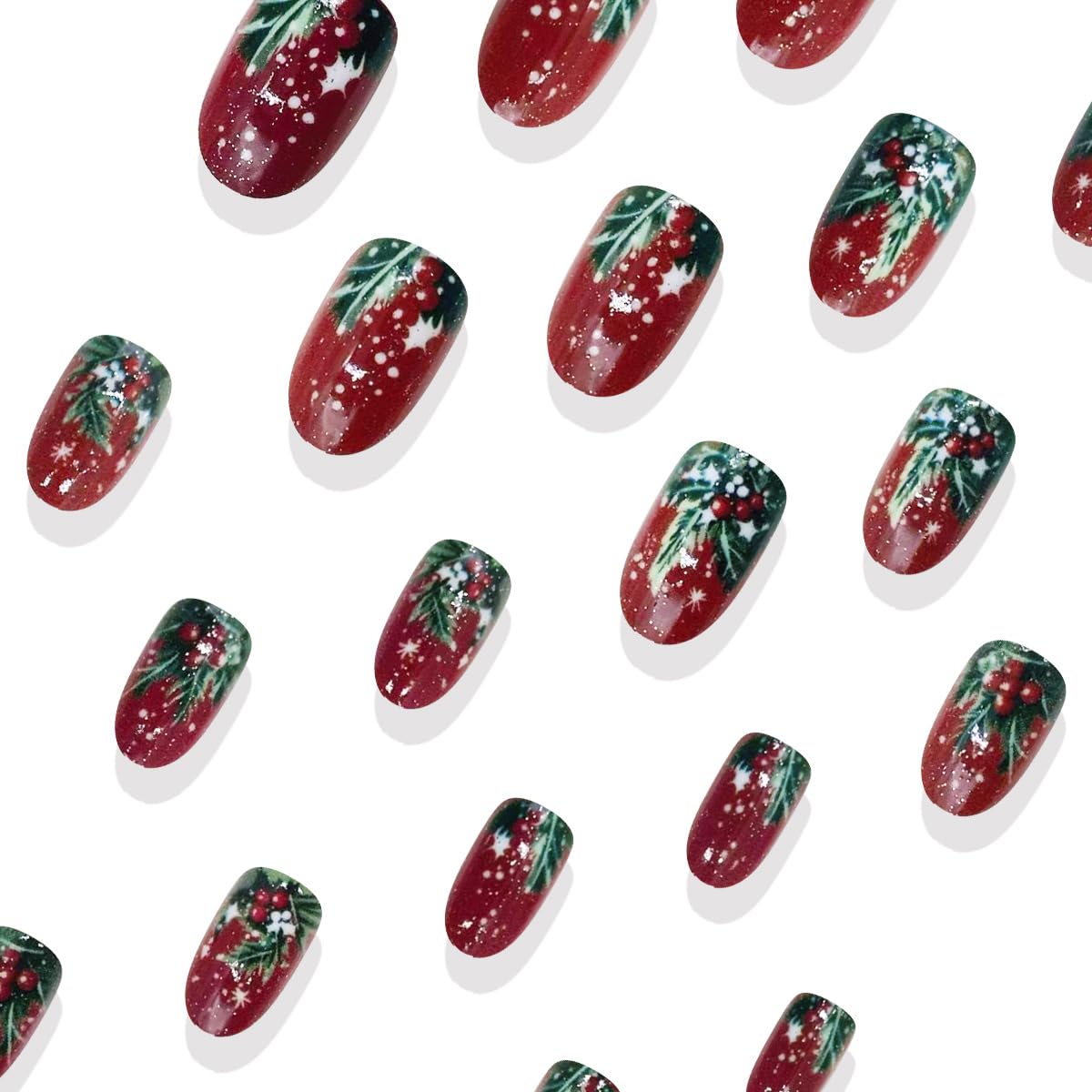 Red Christmas Press on Nails Holly Short Fake Nails with Snowflake Designs Winter Oval Shaped False Nail Xmas Nails Press ons Artificial Full Cover Glue on Nail for Women Holiday Manicure Kit