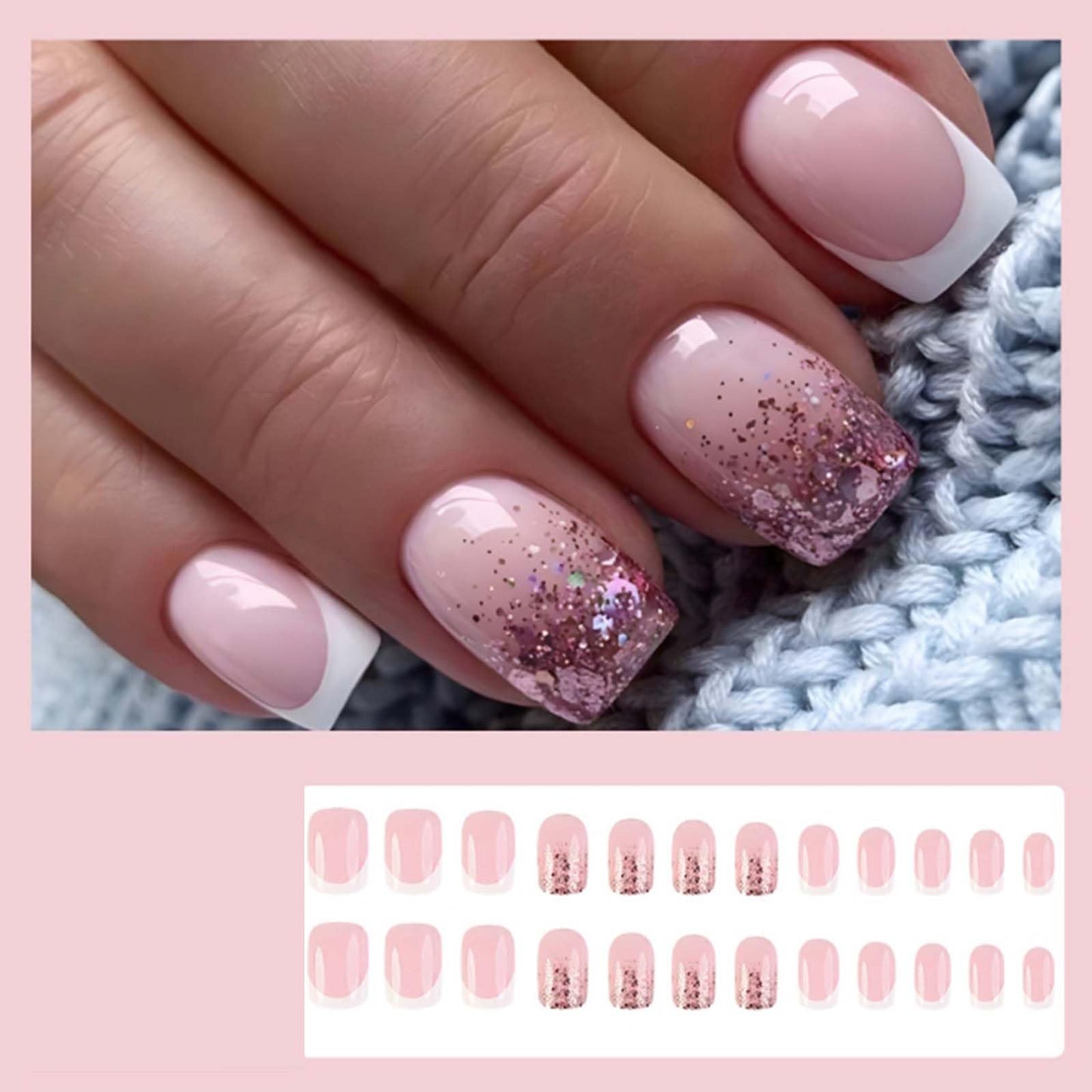 YoYoee Short Gradient Nails Tips Cute French False Nails Square Press on Nails Full Cover Glitter Fake Nails for Women and Girls 24PCS