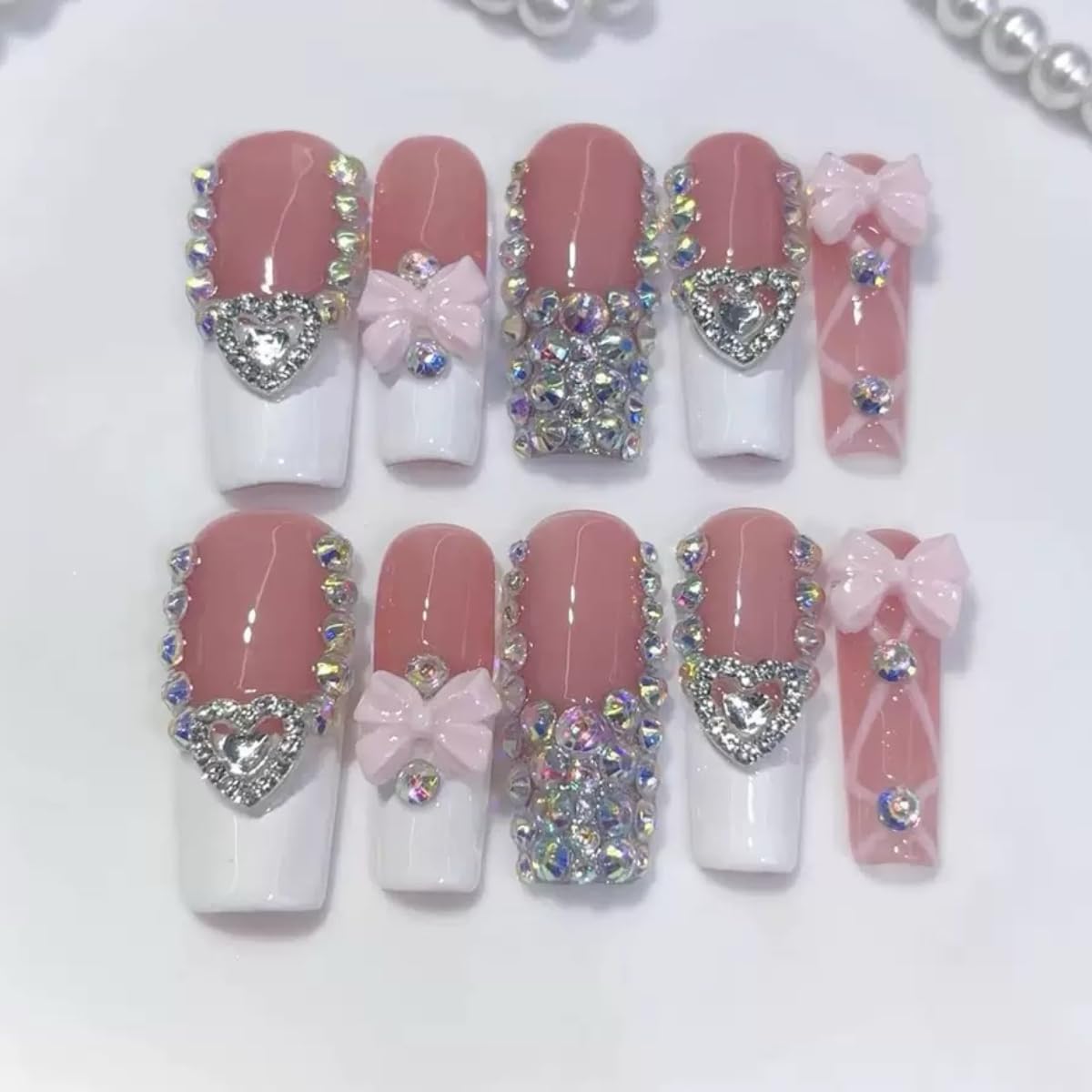 Haozerart Luxury Fake Nails Long quare Shape White French Tip, Handmade Press On Nails with Bows & Heart Rhinestones Design, Salon Quality Reusable Nail Kit for Women, 10Pcs Size M