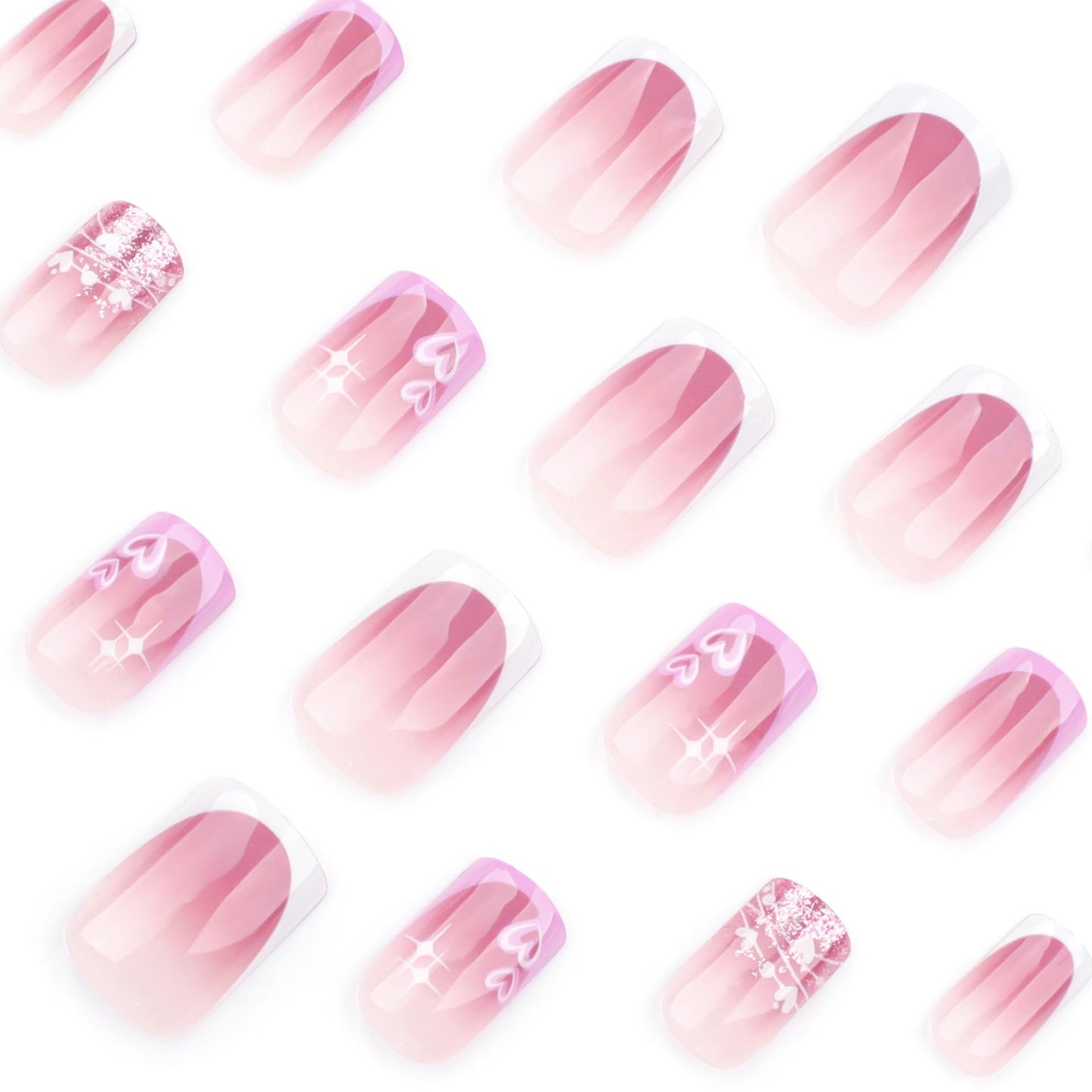 Medium Press on Nails Square Fake Nails Pink French Tips Acrylic False Nails Silver Stars Glue on Nail Curve Line Glossy Pink Gradient Stick on Nails Purple Ombre Artificial Nail for Women 24Pcs