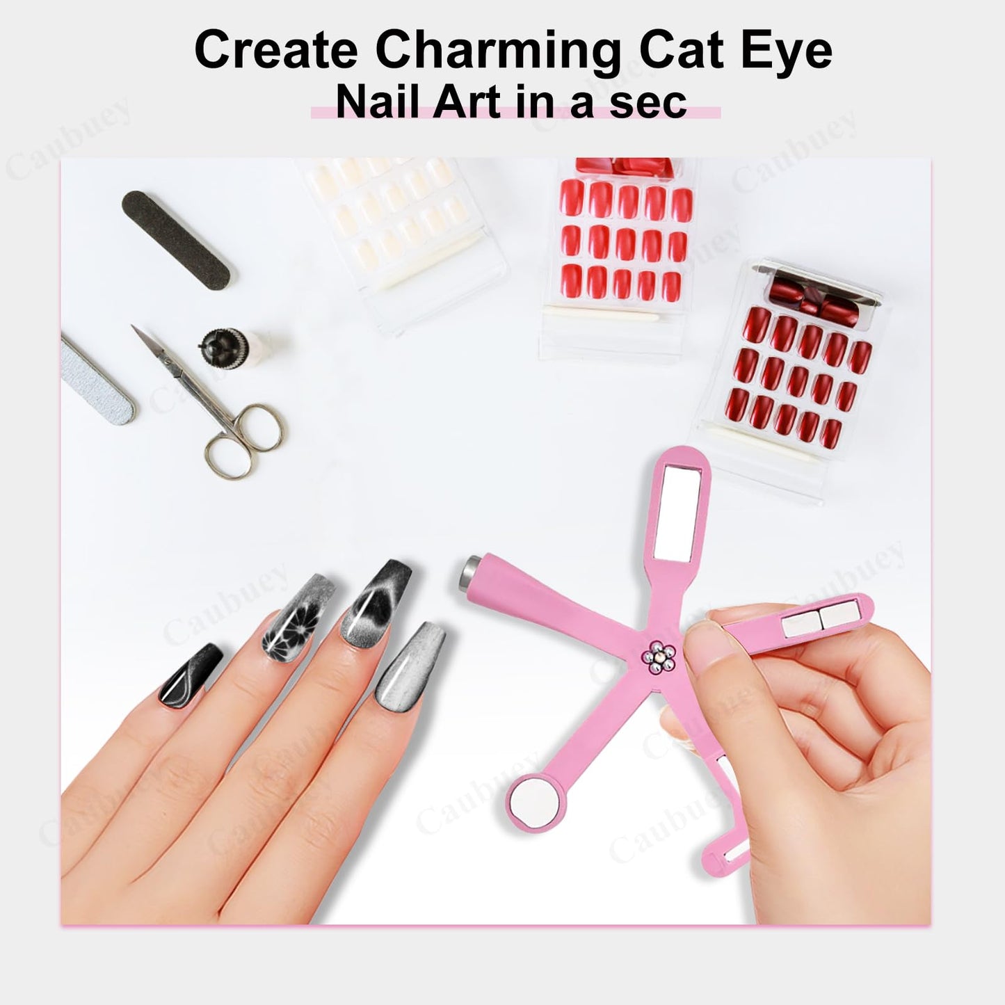 Caubuey 6 in 1 Nail Magnet, Multifunctional Cat Eye Gel Nail Polish Magnet with Silicone Protective Case, Magnetic Nail Polish Magnets, Nail Art Design Tools Home Salon DIY, Pink