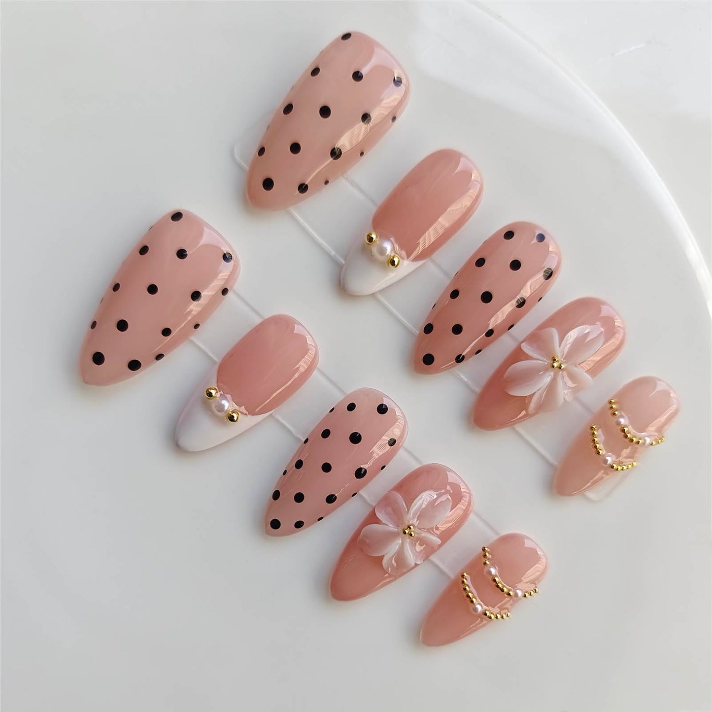Gleamrain 10pcs Almond Handmade Press-on Nails, Medium French Tip (M Size) - With Flower and Polka Dots Design, Pink,Suitable for Women Girls for Daily, Parties, Holidays and Proms,D202