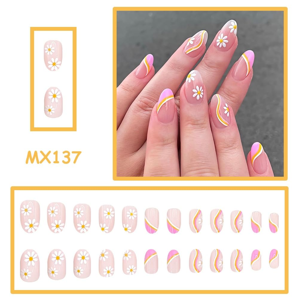 Flower Press on Nails Short Almond Fake Nails with Floral Design Glossy Yellow White Striped Glue on Nails Spring Summer Nail Press ons Reusable Full Cover Pink Acrylic Nail for Women Manicure 24Pcs