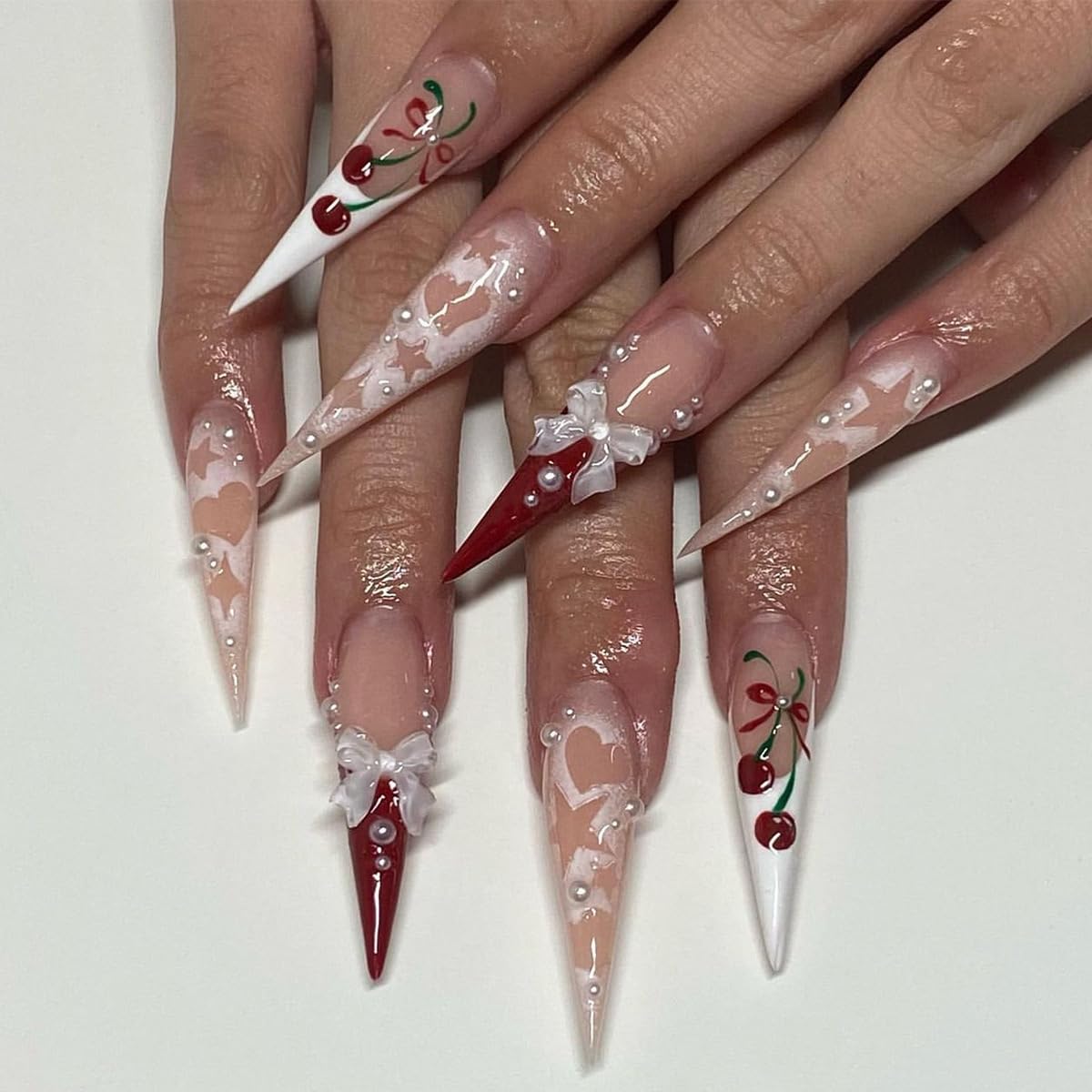 Long Press Stiletto Pink False French Tip Acrylic Nails with 3D Bow Cherry Design Glue on Heart Star Full Cover Stick on Nails for Women Manicure 24Pcs