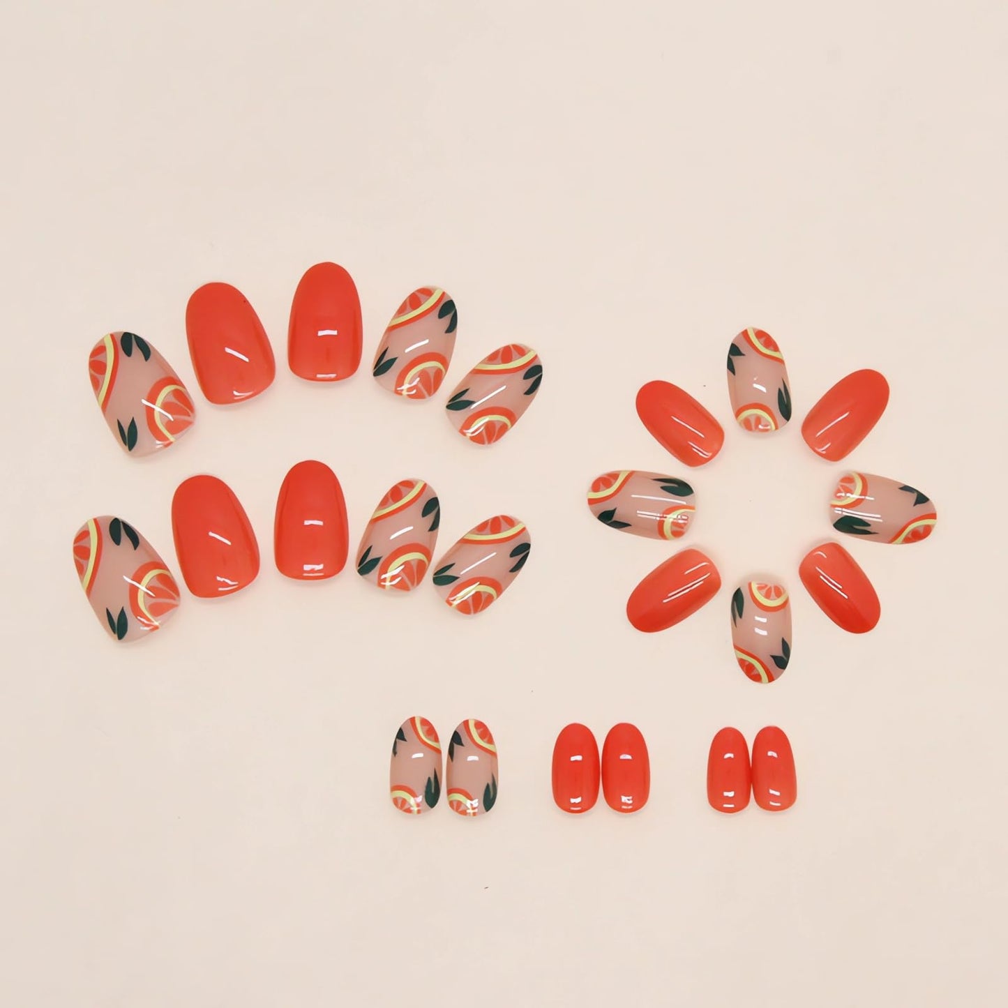 IMSOHOT Oval Short Press on Nails Orange French Tips Fake Nails Fresh Fruit Designs Nude Glossy Round Acrylic False Nails with Designs Cute Stick on Nails for Women and Girls 24Pcs