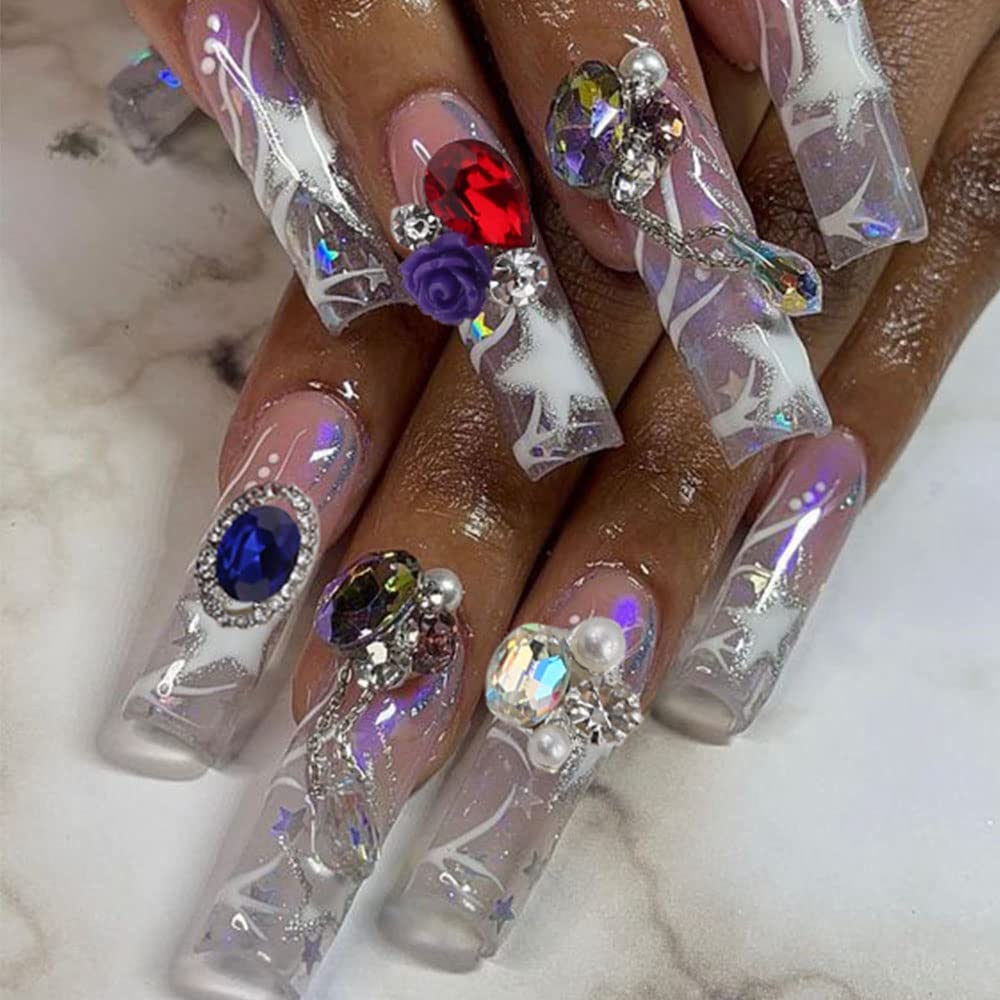 50pcs 3D Nail Charms for Acrylic Nails, Mix Styles Silver Rhinestones for Nails Metal Nail Jewels for Nail Art Charms for Nails Design Alloy Zircon Nail Rhinestones Pearl Nail Gems Women Nail Supplies