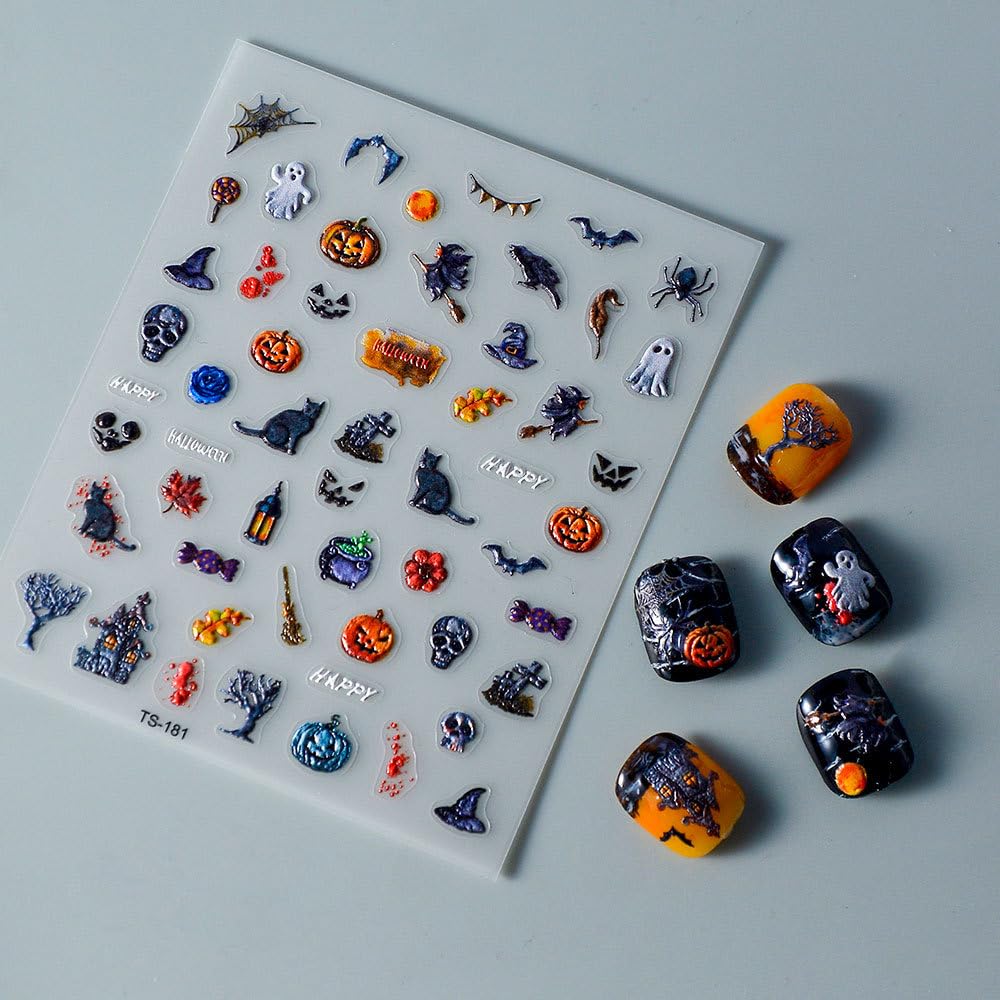 Halloween Nail Art Stickers 5D Embossed Ghost Cat Nail Stickers Skull Witch Pumpkin Spider Nail Decals for Women Girls Holiday Manicure DIY Nail Supplies
